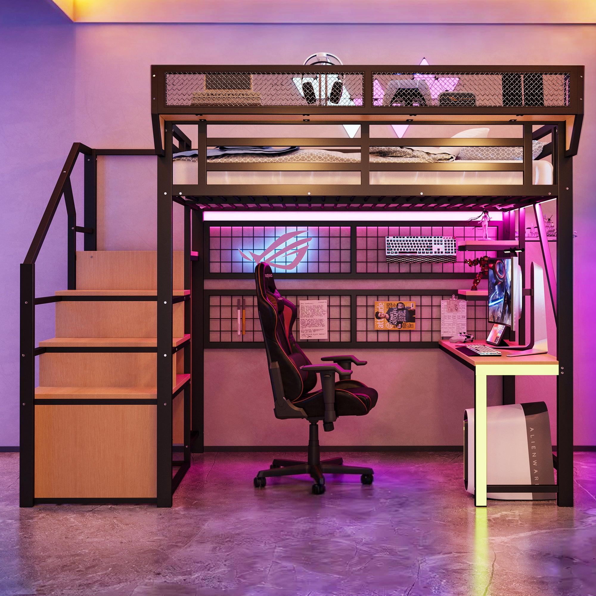 Lit Mezzanine en Métal 140x200 cm avec Bureau, Armoire et Échelle de Rangement, Lit superposé avec LED et Prises, Lit enfant Noir, Sans matelas - 2