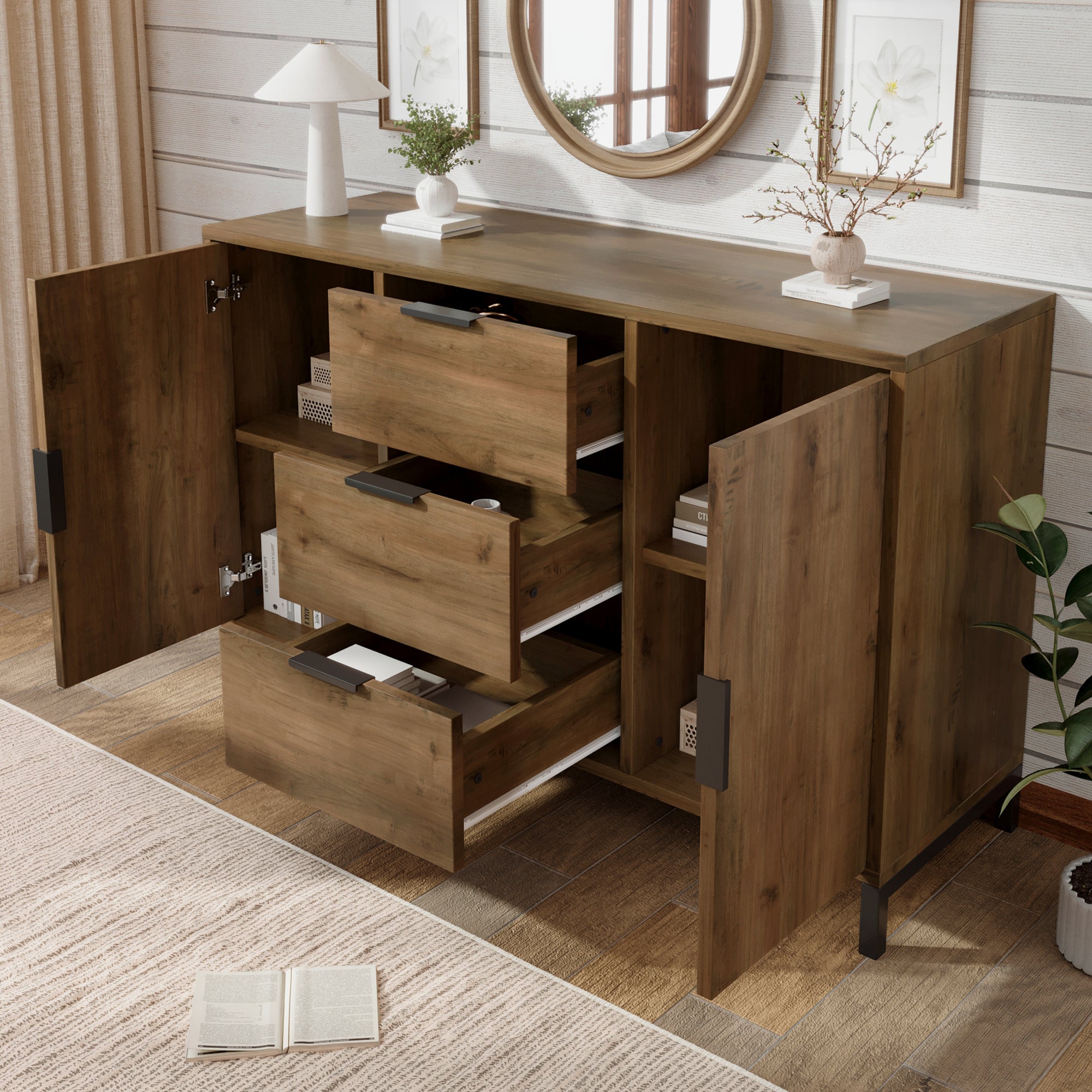 Buffet avec étagères réglables- 2 portes et 3 tiroirs - Naturel - 9