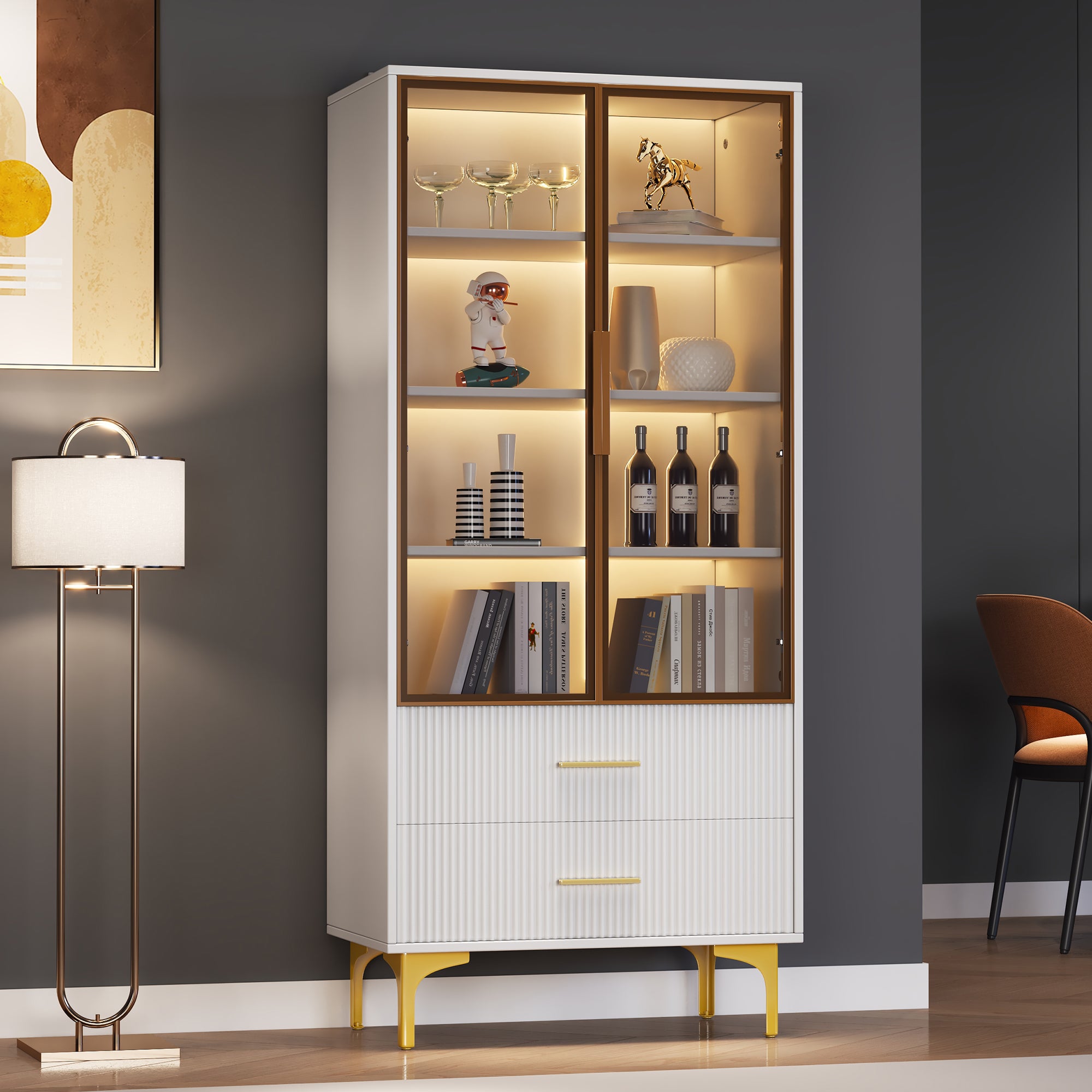 Vitrine 180cmavec éclairage led, porte acrylique et 3 étagères en verre, blanc