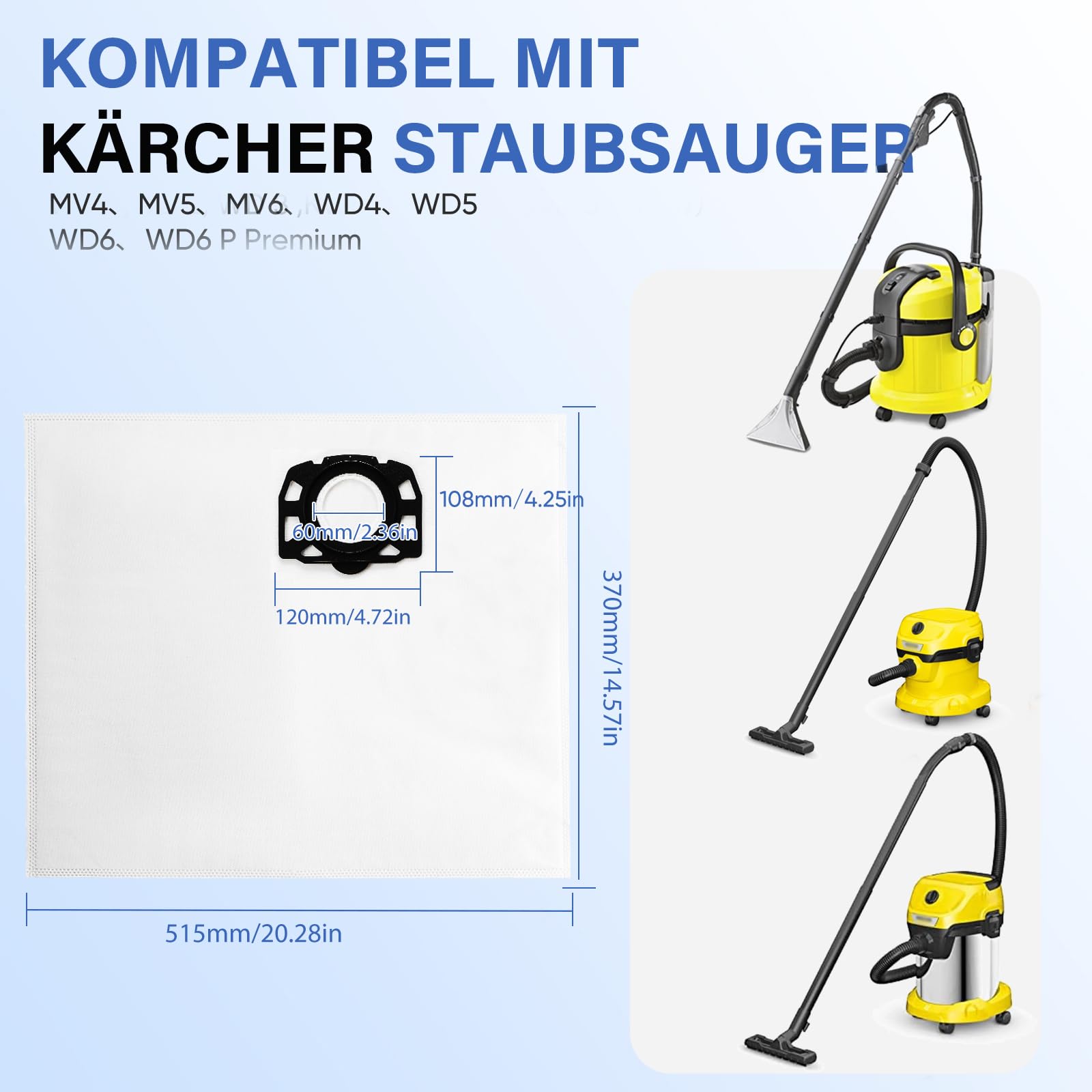 Lot de 12 sacs pour aspirateur compatibles avec Kärcher WD2 Plus/WD3/KWD1/KWD2/KWD3/WD3.200 - WD3.800 M/SE4001/SE4002, aspirateurs eau et poussière - 2
