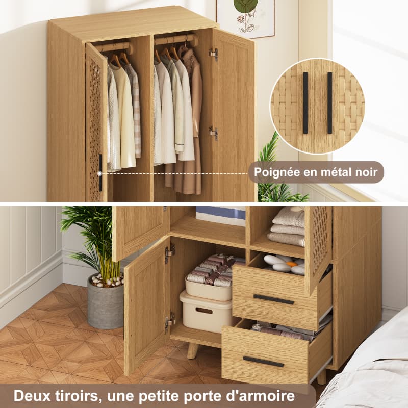 Móvel de arrumação madeira carvalho, portas rattan, 2 gavetas, 1 compartimento, estilo escandinavo, pés madeira, para quarto e sala. - 8