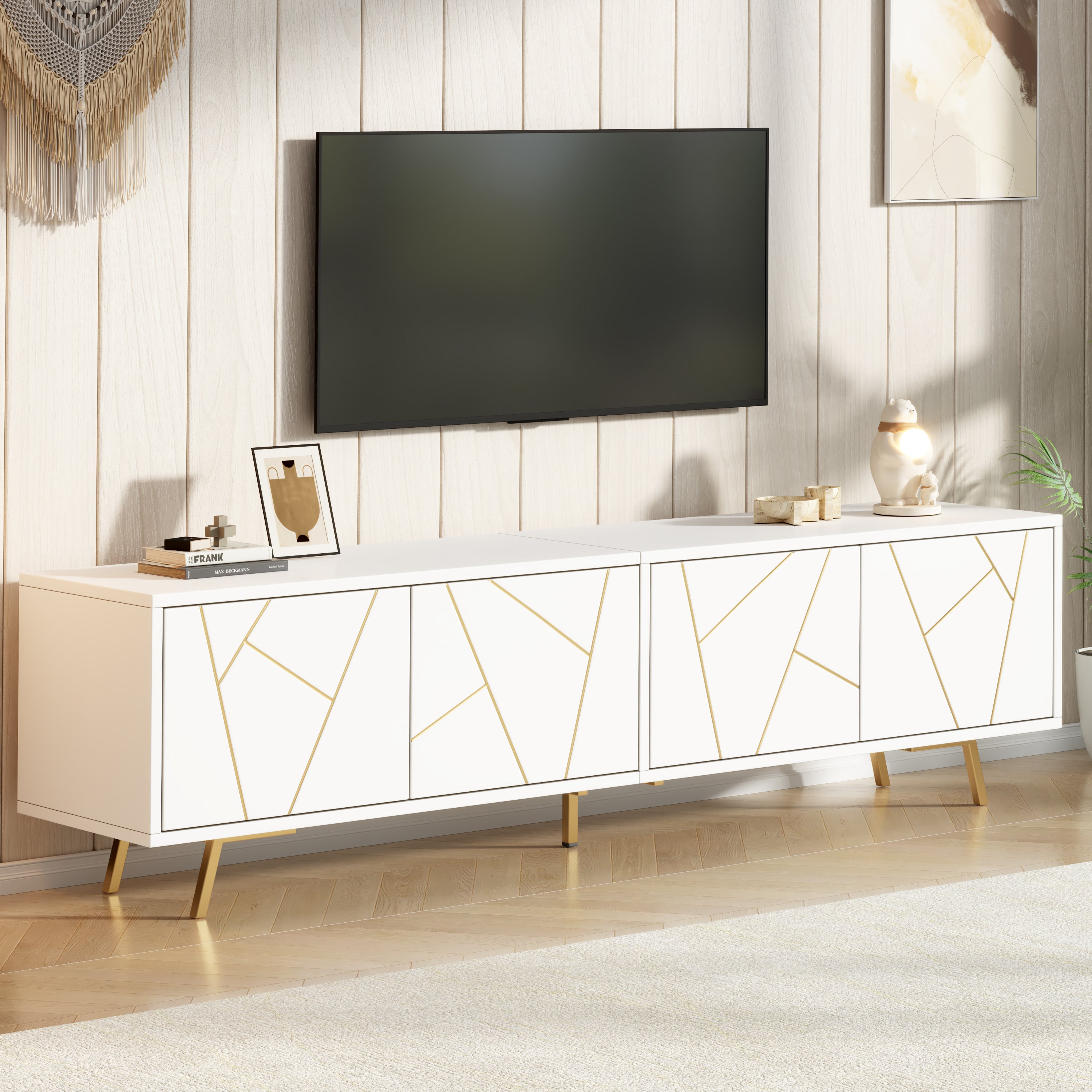 Stojak pod TV z 4 drzwiami - 190 x 40 x 51,5 cm - Płyta wiórowa i 6 złotych metalowych nóg - Diody LED - Biały