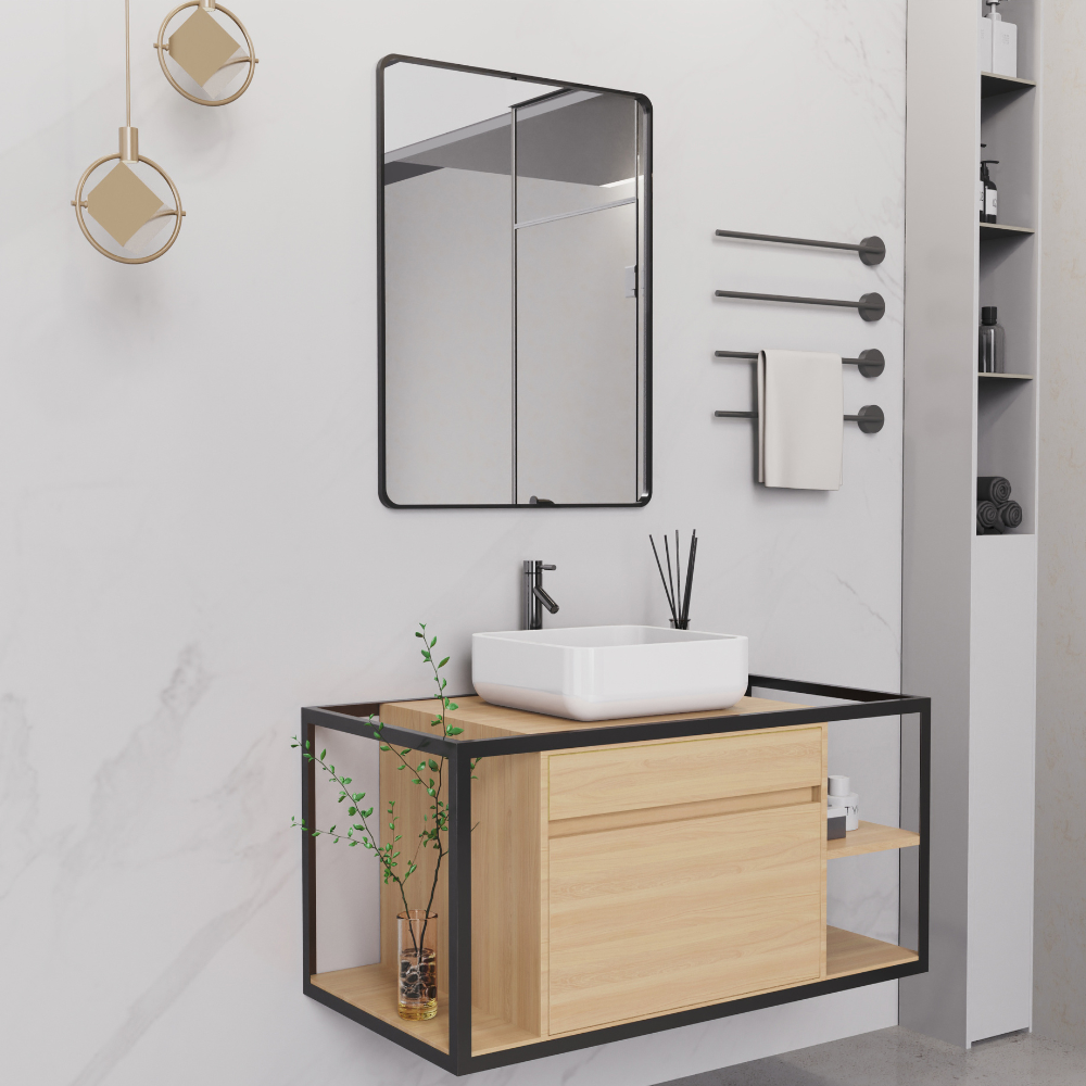 Meuble de salle de bain suspendu sous lavabo 2 tiroirs Lavabo et miroir 100 cm Design moderne 3 étagères Design industriel, chêne - ZIK - 4