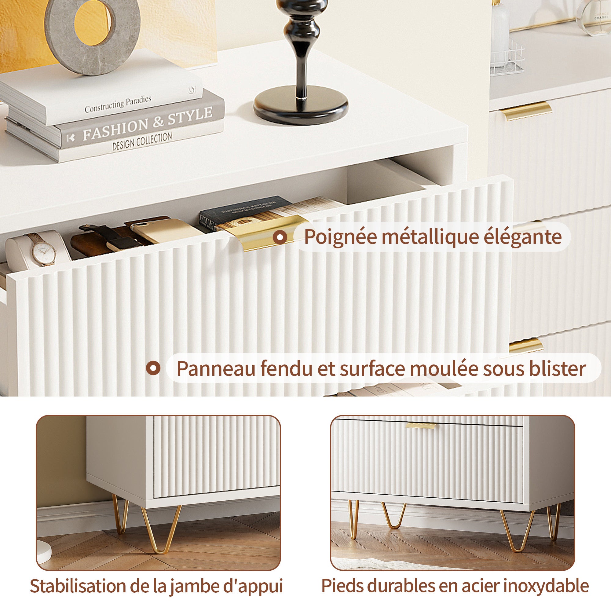 Commode 4 tiroirs blanche avec façade à motif ondulé, poignées dorées et pieds en métal, style moderne, grand espace de rangement - 4