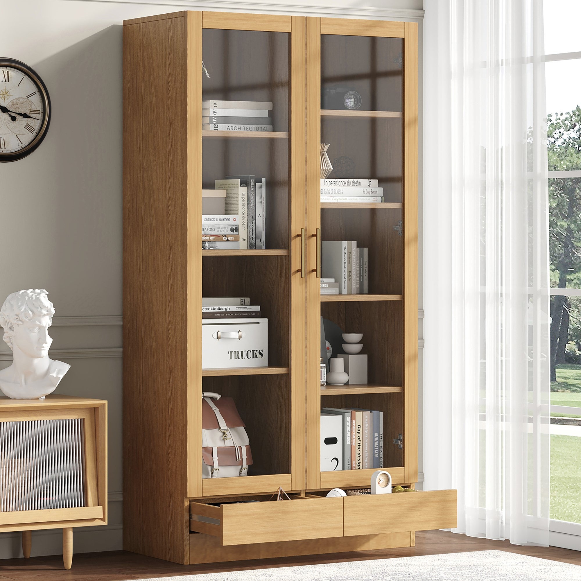 Witryna z 2 drzwiami szklanymi i 2 szufladami bez uchwytów - 160 x 80 x 40 cm - MDF - Naturalna