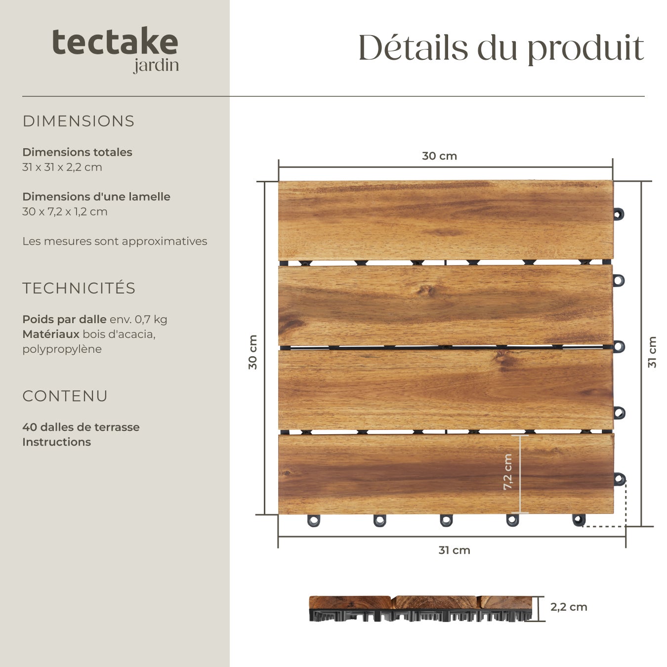Dalles de terrasse TABULA 4 lames avec système d'encliquetage TECTAKE - 6