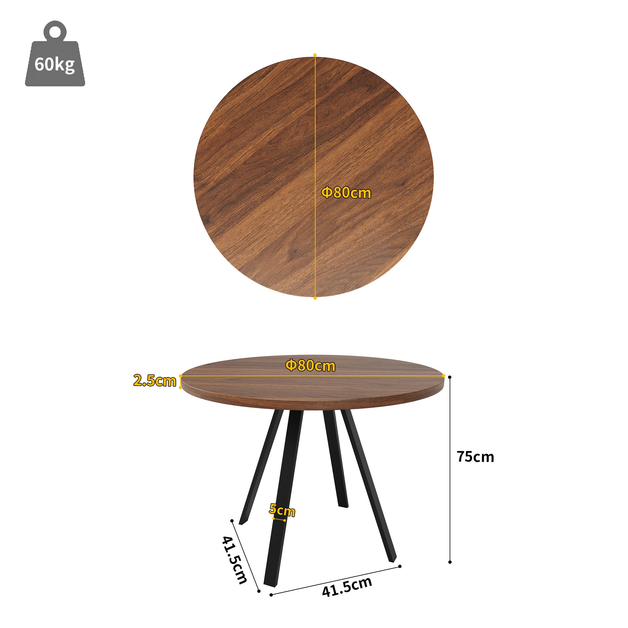 Tavolo da pranzo rotondo per 4/6 persone - 80 x 80 x 75 cm - Gambe in MDF e metallo - Colore noce - 9