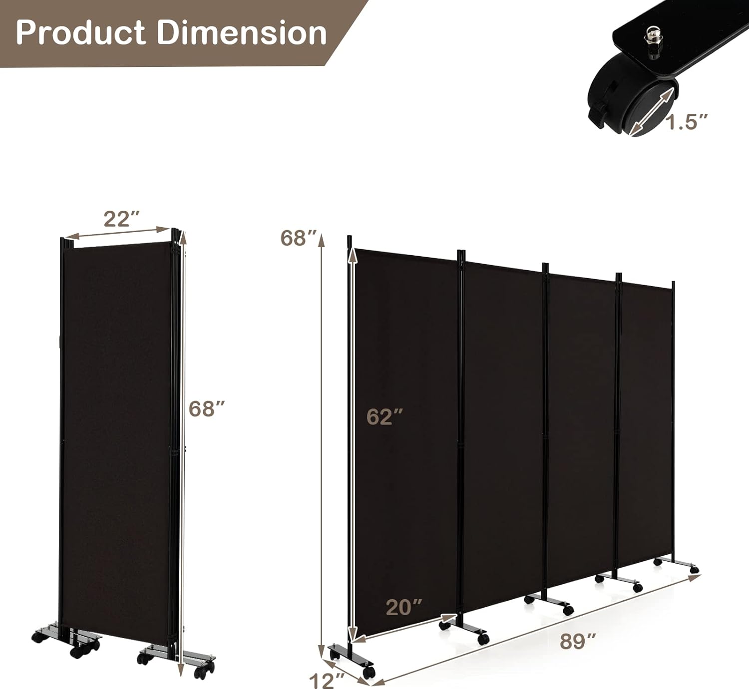 Paravent Séparation Pliable 173×225CM, 4 Panneaux avec roulettes, , Cadre en Métal, Idéal pour Salon,Bureau,Hôpital,Café - 5