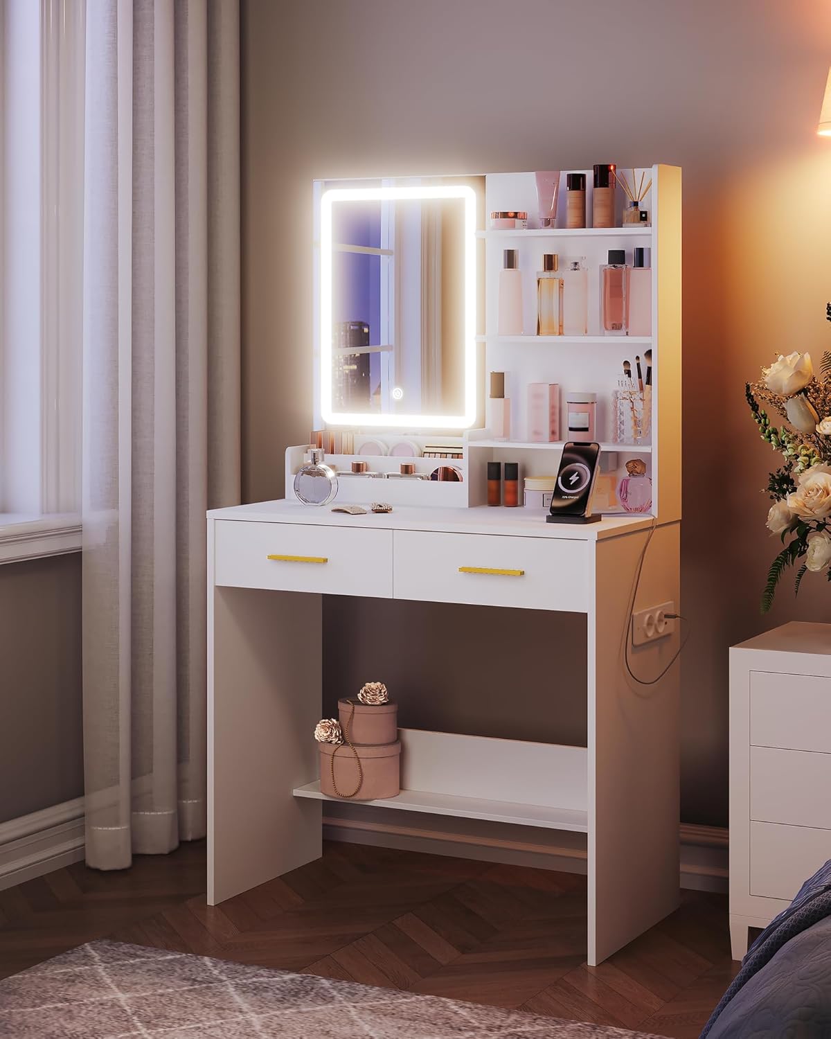 Coiffeuse avec Lumière LED, 2 Prises et 2 USB, avec 2 Tiroirs et 4 Étagères Ouvertes, Compartiment de Rangement, pour Chambre,Style Moderne, Blanc - 6