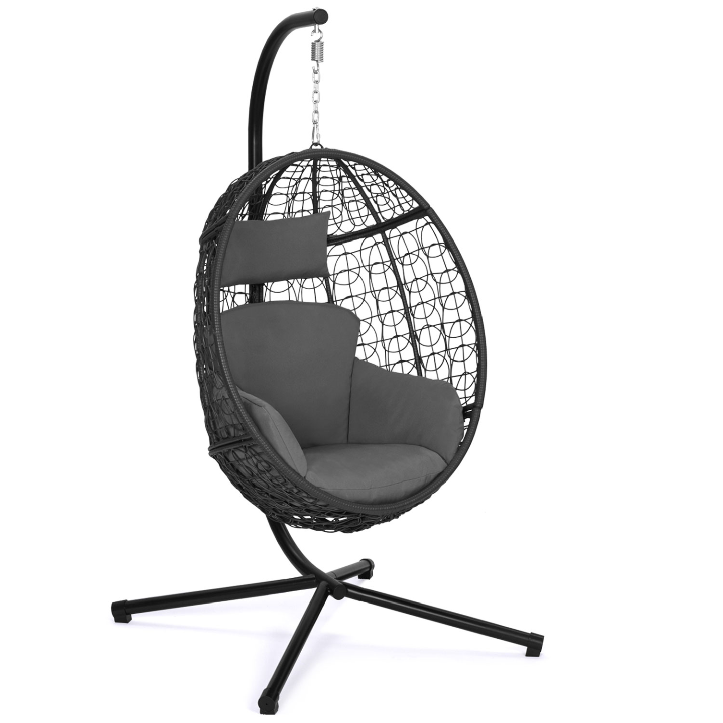 Fauteuil oeuf suspendu ajouré effet rotin gris avec coussin gris - 2