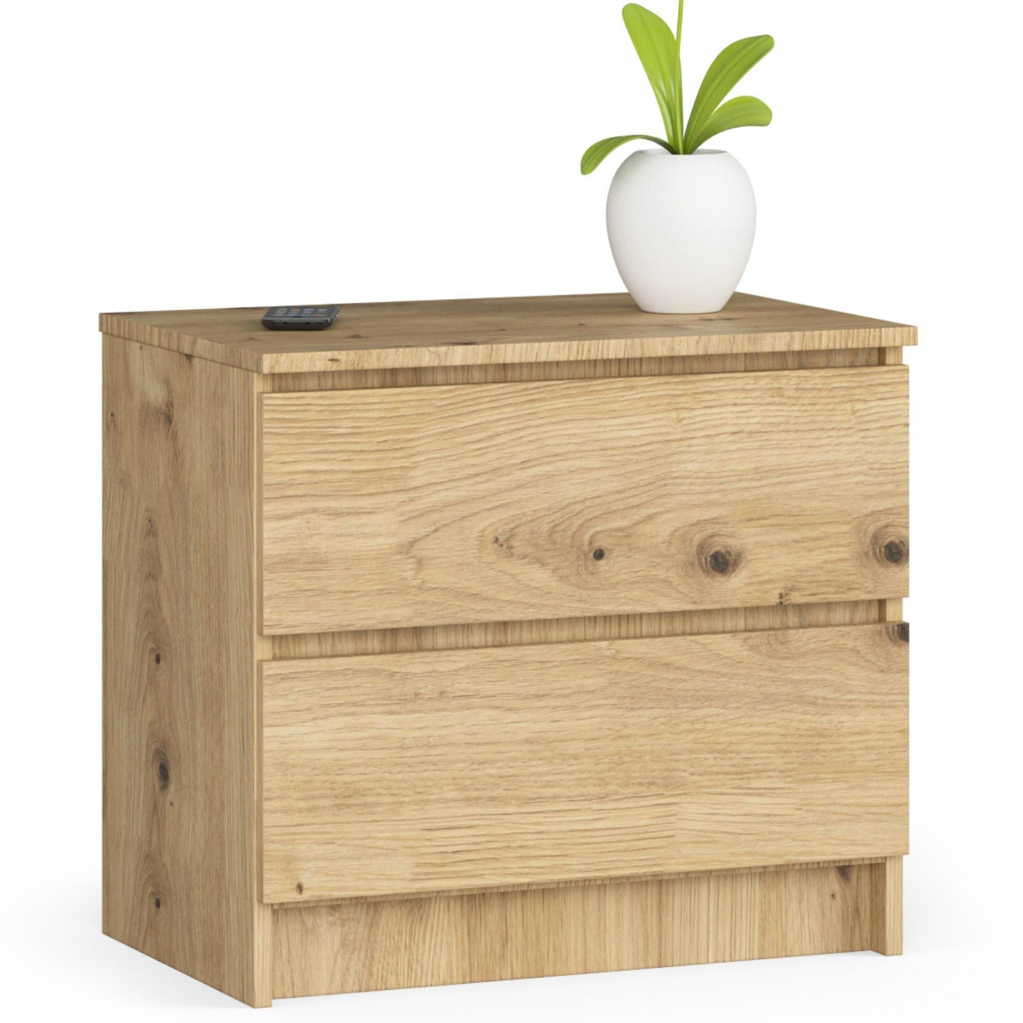 Stolik nocny: 2 szuflady, ręcznie wykonany dąb, szer.: 60 cm, wys.: 55 cm, gł.: 40 cm.