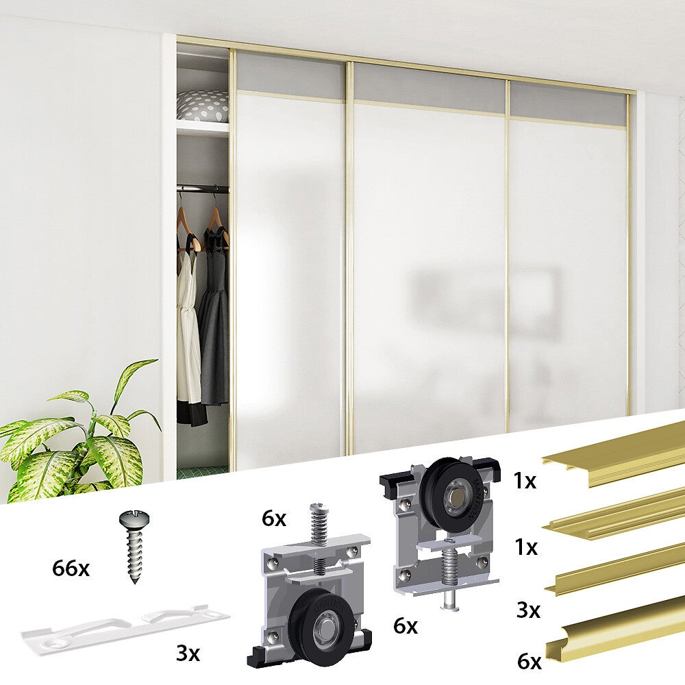 Kit SLID'UP 210 aluminium anodisé or pour 3 portes de placard coulissantes 16 mm - rail 2,7 m - 70 kg - 2