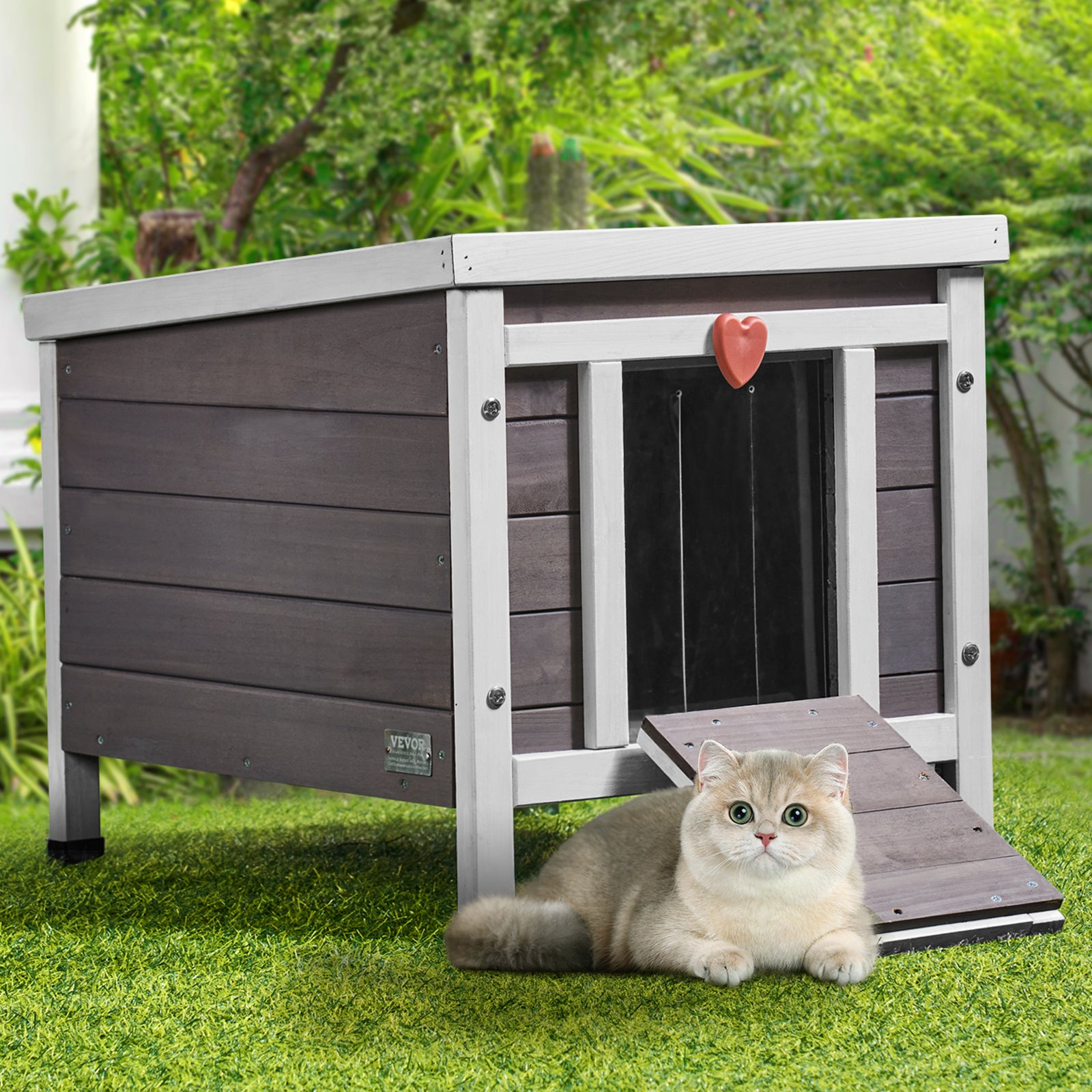Abrigo externo para gatos VEVOR à prova de intempéries, equipado com cortinas de porta de PVC e telhado acessível, 21