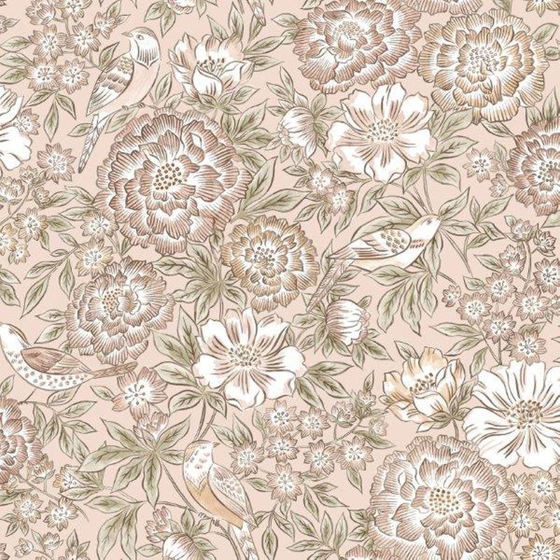 Papel pintado flores y pájaros rosa - 53 cm x 10.05 m - borastapeter