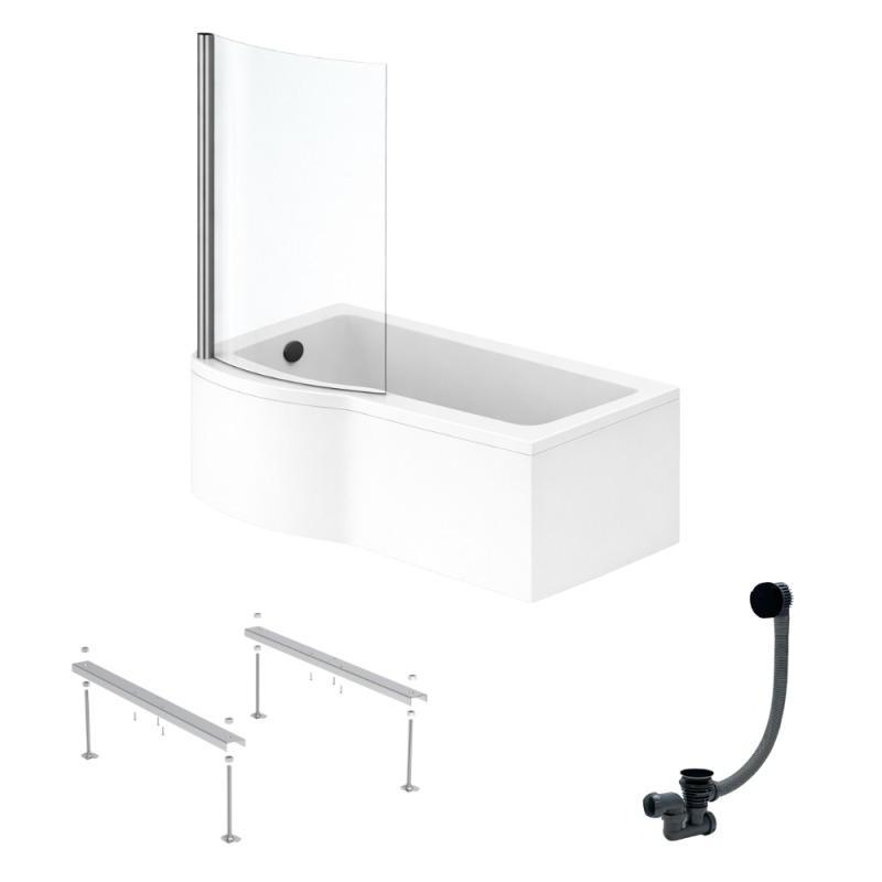 Ideal standard connect air 150 x 80 cm, conjunto para bañera/ducha izquierda + delantal + mampara fija + patas + desagüe, negro mate
