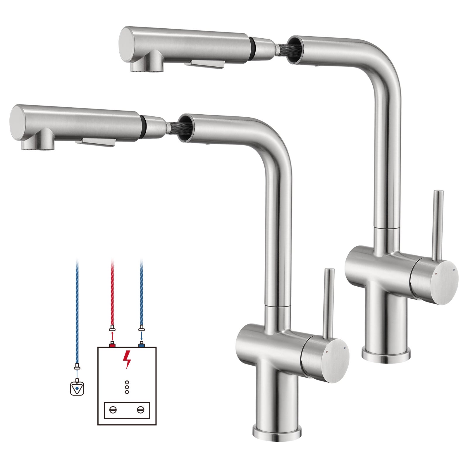 LOVHAUS Zestaw 2 Kranów Kuchennych Niskociśnieniowych Rozciąganych, Kran Kuchenny Niskociśnieniowy Z Prysznicem, Dwa Rodzaje Strumienia, Obrotowy 360°