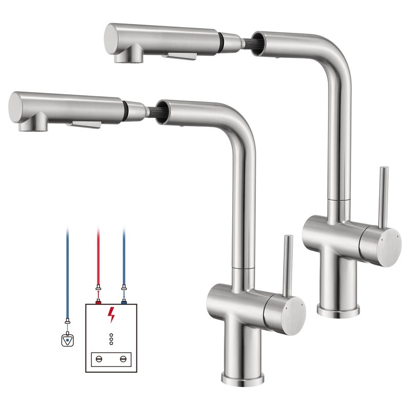 LOVHAUS Zestaw 2 Kranów Kuchennych Niskociśnieniowych Rozciąganych, Kran Kuchenny Niskociśnieniowy Z Prysznicem, Dwa Rodzaje Strumienia, Obrotowy 360°