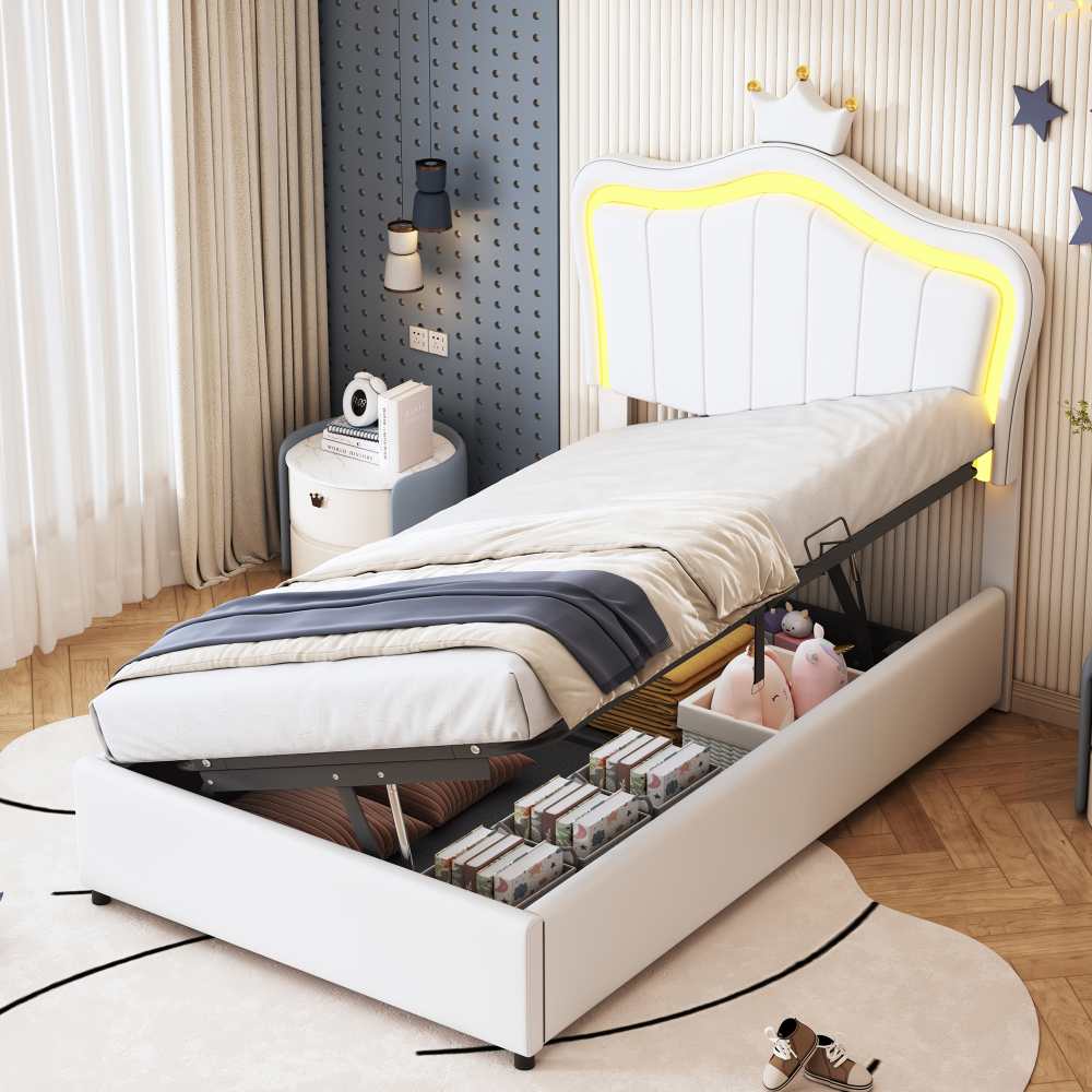Łóżko dziecięce materiałowe 90x200cm z koroną LED, regulowanym zagłówkiem i schowkiem