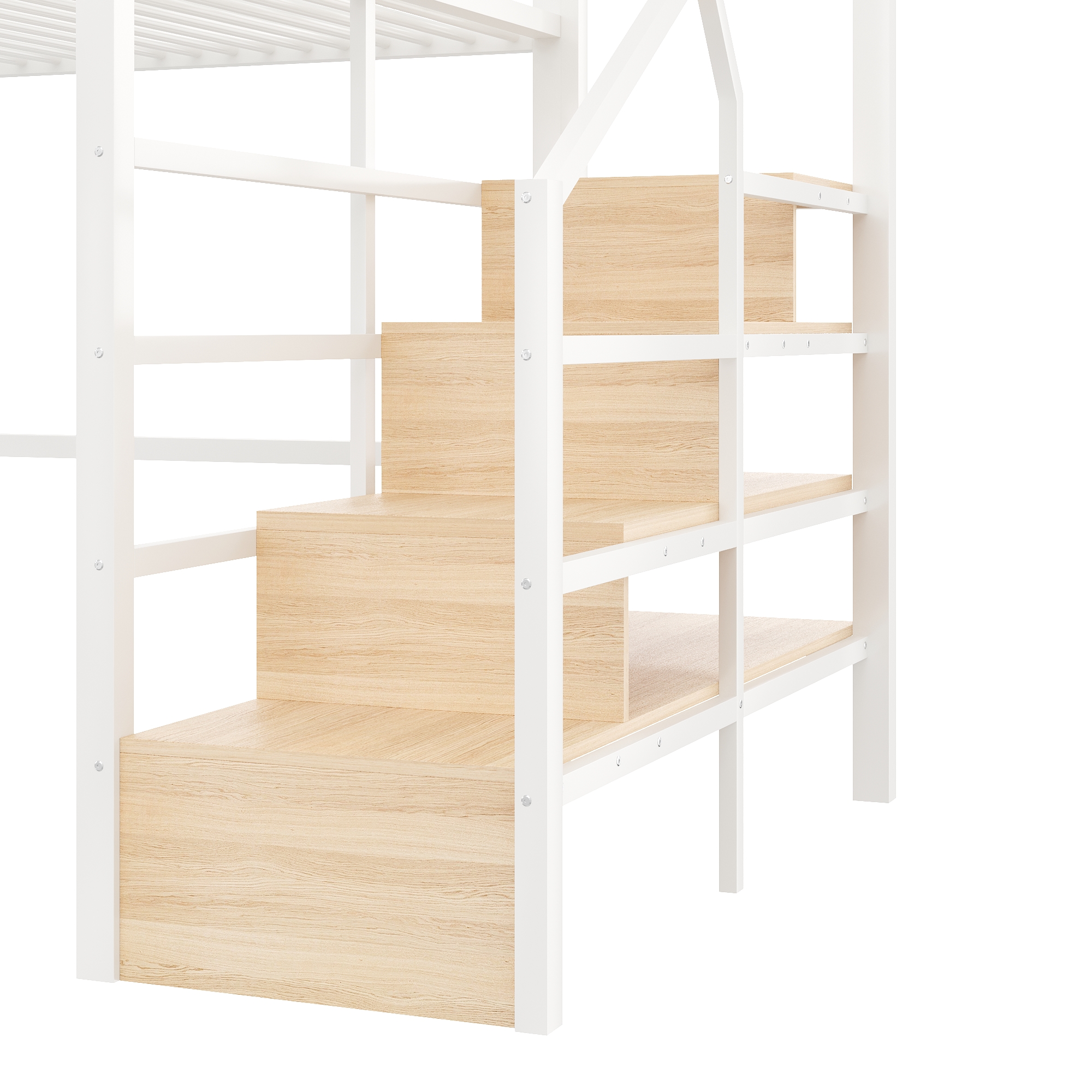 Lit mezzanine 140 x 200 cm avec éclairage LED, escalier avec rangements intégrés, espace libre modulable dessous, structure en métal robuste, blanc - 9