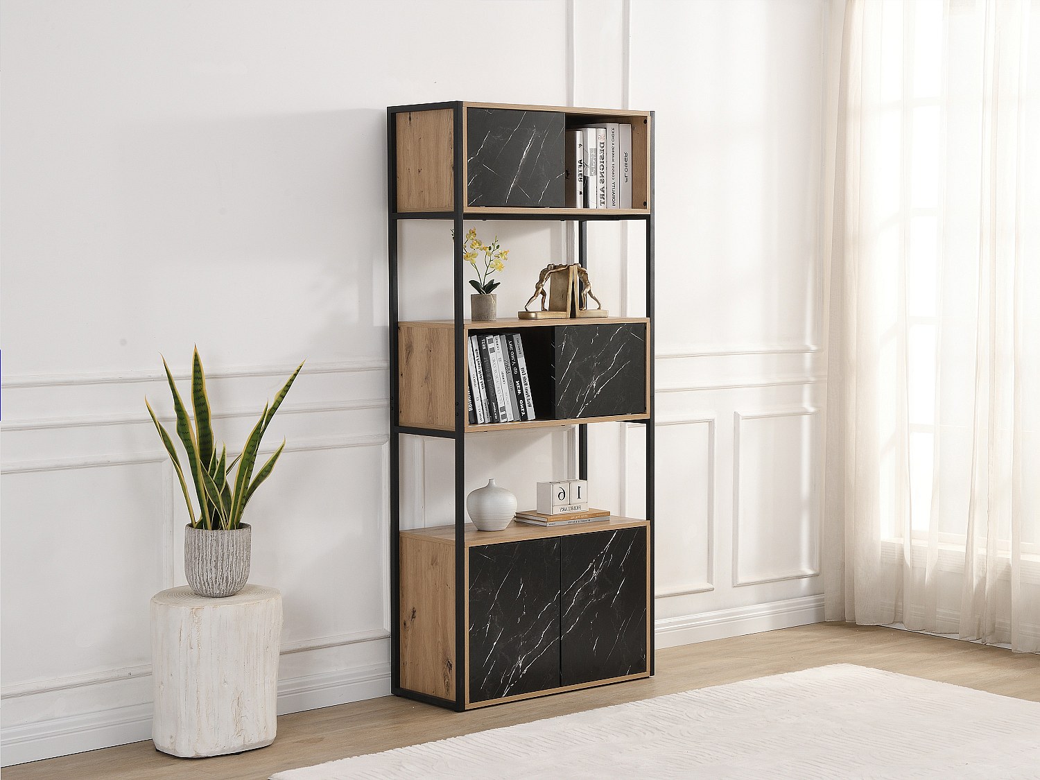 Biblioteczka z 4 drzwiczek i 2 wnękami z MDF i stali - Efekt czarnego marmuru i naturalny - YELANIA