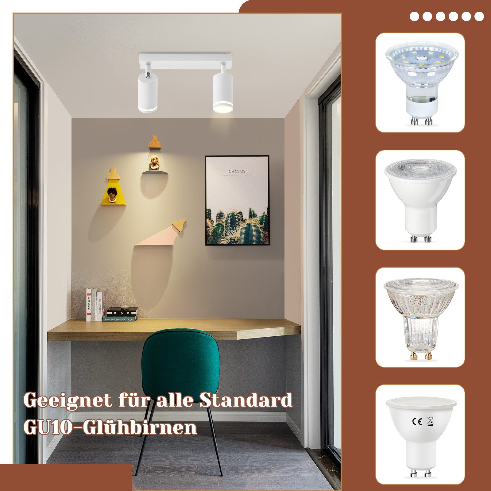 NETTLIFE Plafonnier LED 2 flamme - Blanc Plafonnier GU10 Spot pivotant Applique murale en bois Spot mural pour salon chambre Sans ampoule - 3