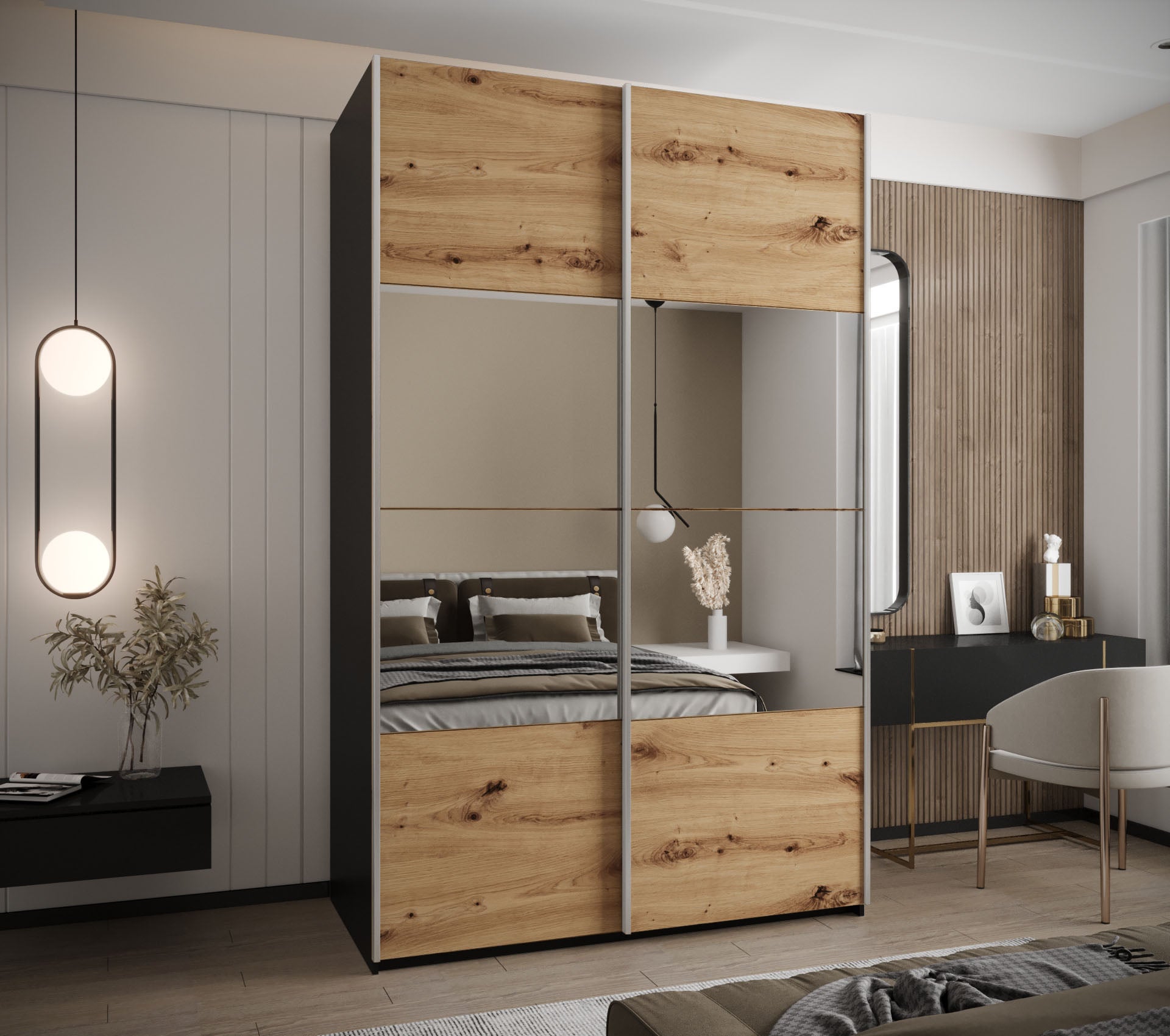Szafa przesuwna wysoka Lux 4 160 x 64 x 245,5 cm czarny + artisan + u. srebrny - Abiks Meble - 2