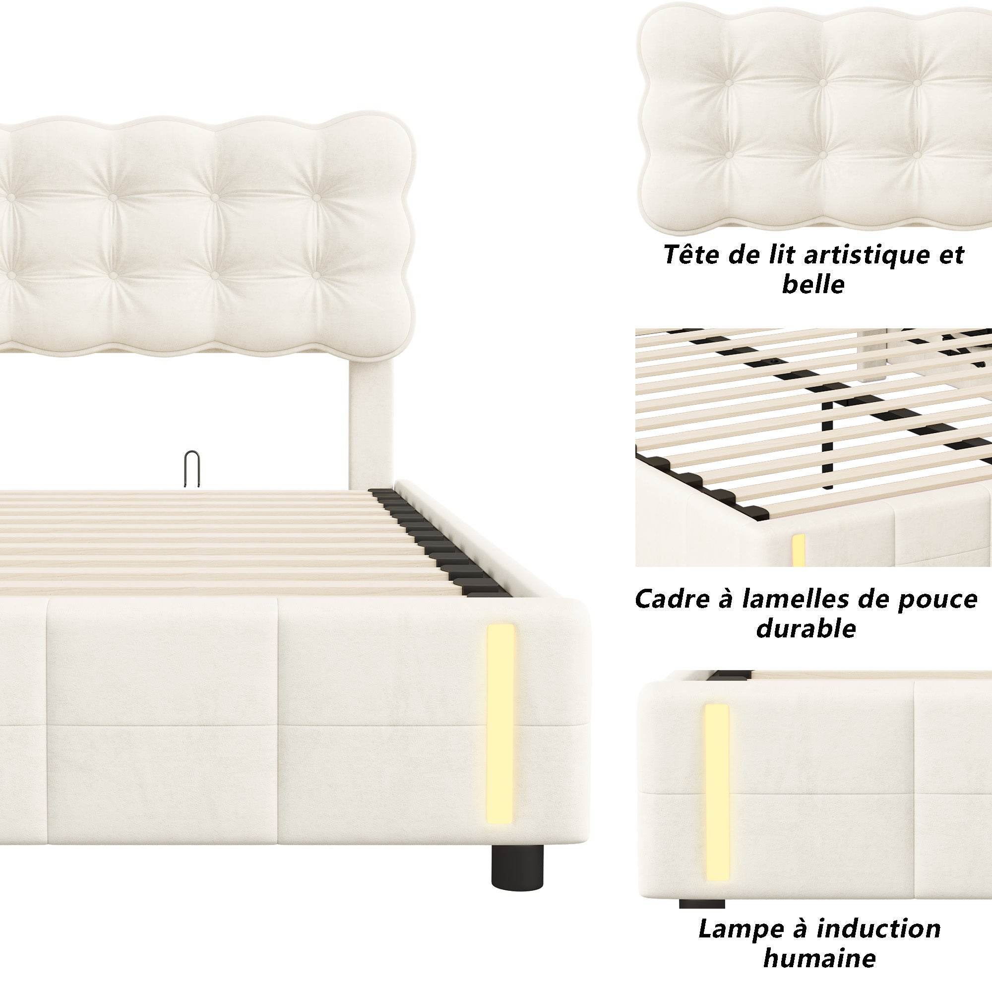 Lit coffre 140x190 avec sommier, velours, rangement, lit double adulte, lumière chaude à capteur, lit capitonné style scandinave - Beige - 6