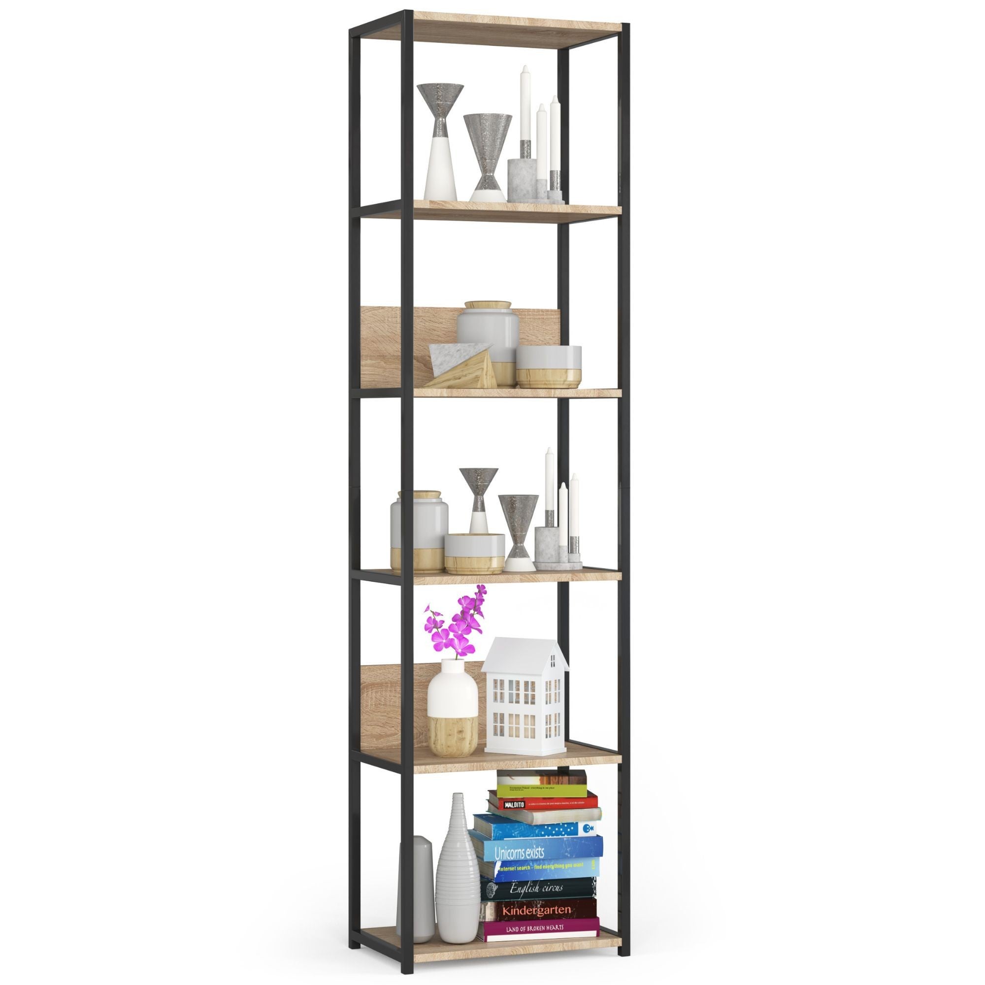 Regał loft AKORD metalowy Czarny 50 cm kolor Dąb Sonoma mat 6 półek 50x32x192 cm