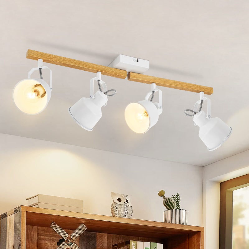 NETTLIFE Reflektorowa sufitowy 4 płomienie Regulowany 350° Vintage E14 Wysokiej jakości design w drewnie o usłojeniu