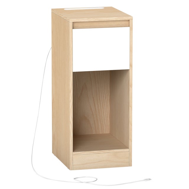 Comodino Stretto con Illuminazione LED, 1 Porta USB-A, 1 Porta USB-C, Cassetto, Scomparto Aperto, Giallo e Bianco