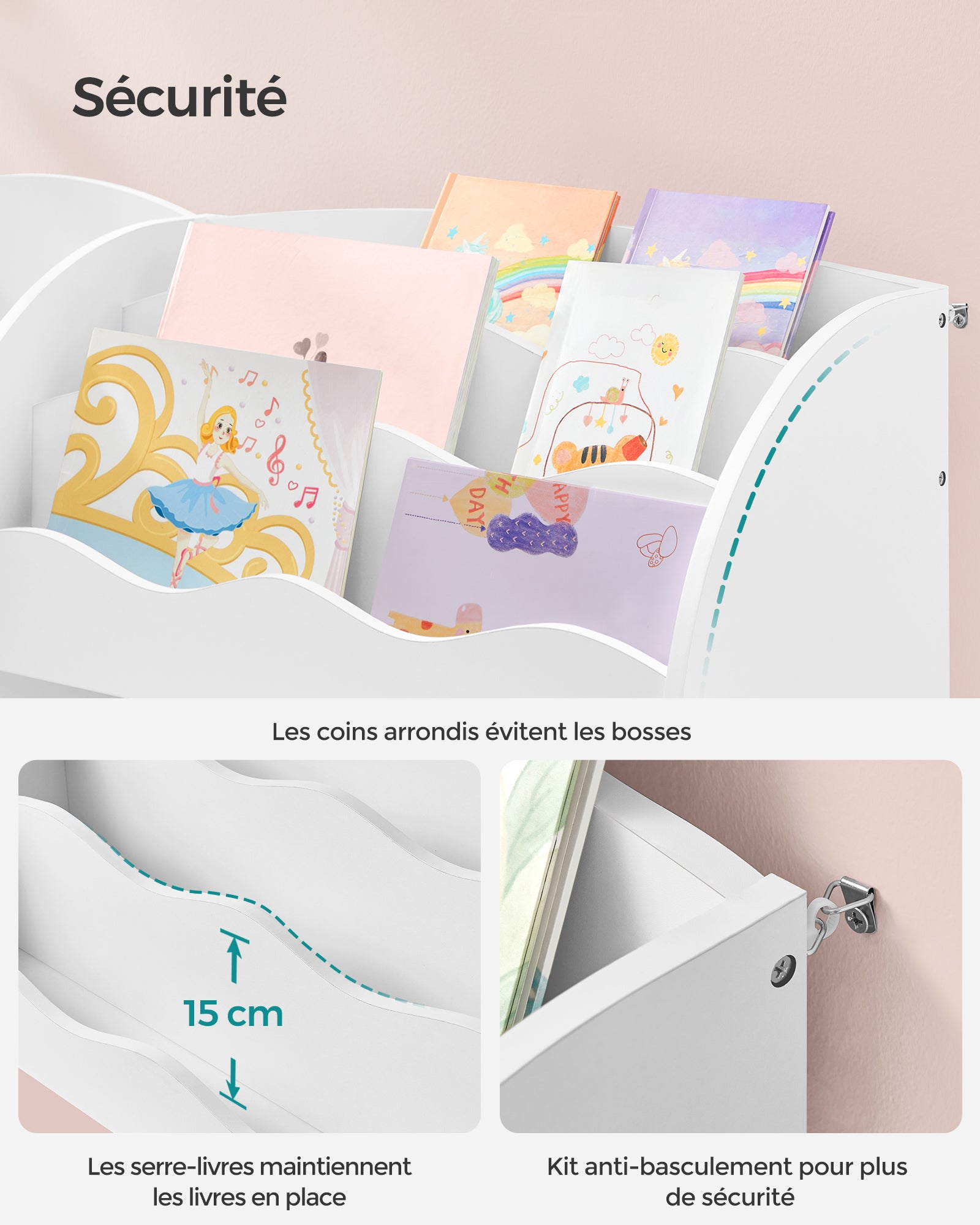 Étagère de Rangement pour Enfants, pour Livres et Jouets, Organisateur avec 2 Boîtes de Rangement, Blanc Nuage - 6