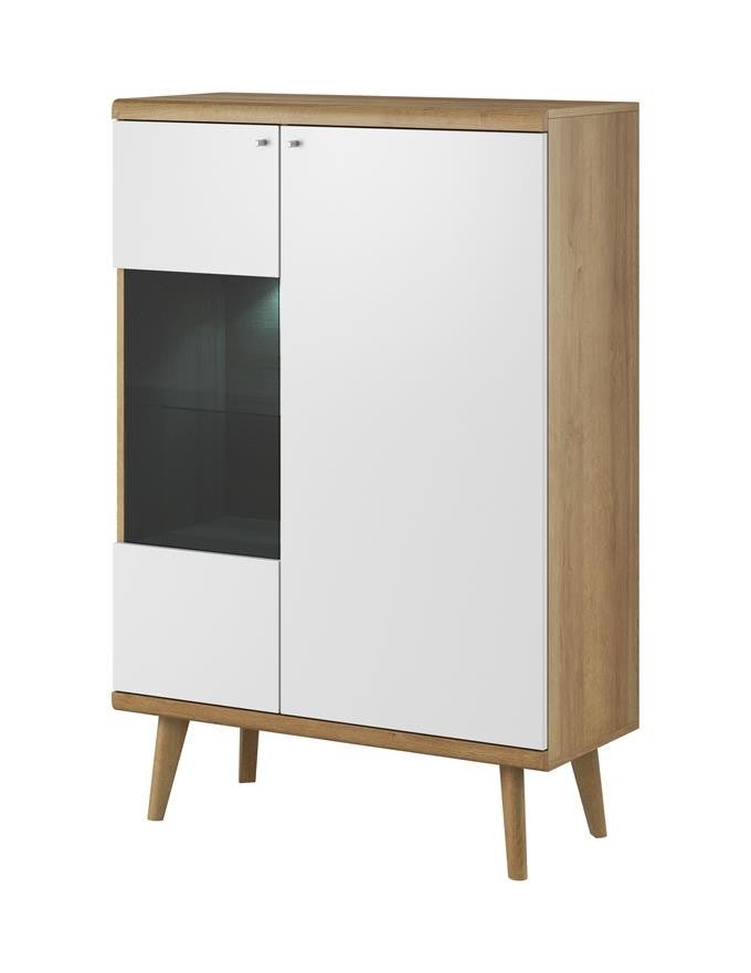 Witryna PRIMO 90 cm z oświetleniem LED – Elegancka witryna z przeszklonym frontem w kolorze Białym + Dąb Rivier