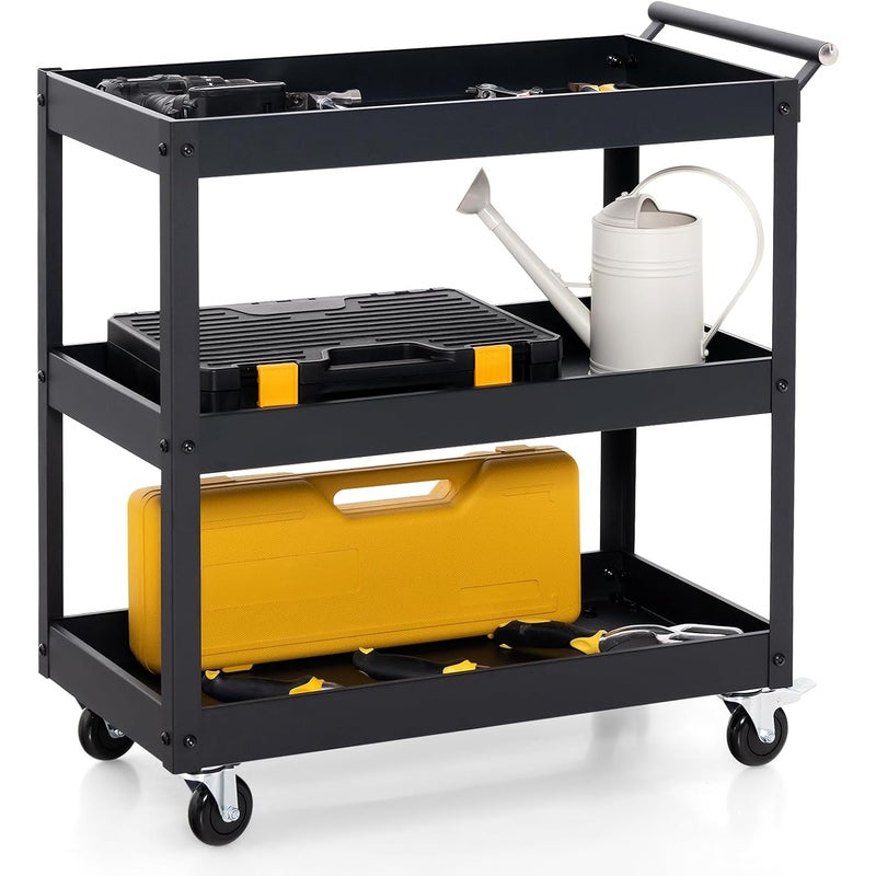Wózek Narzędziowy 3-poziomowy z 4 Kółkami Uniwersalnymi i Uchwytem Bocznym, Wózek Warsztatowy na Kółkach do Garażu, Magazynu, 76 x 38 x 80 cm, Czarny