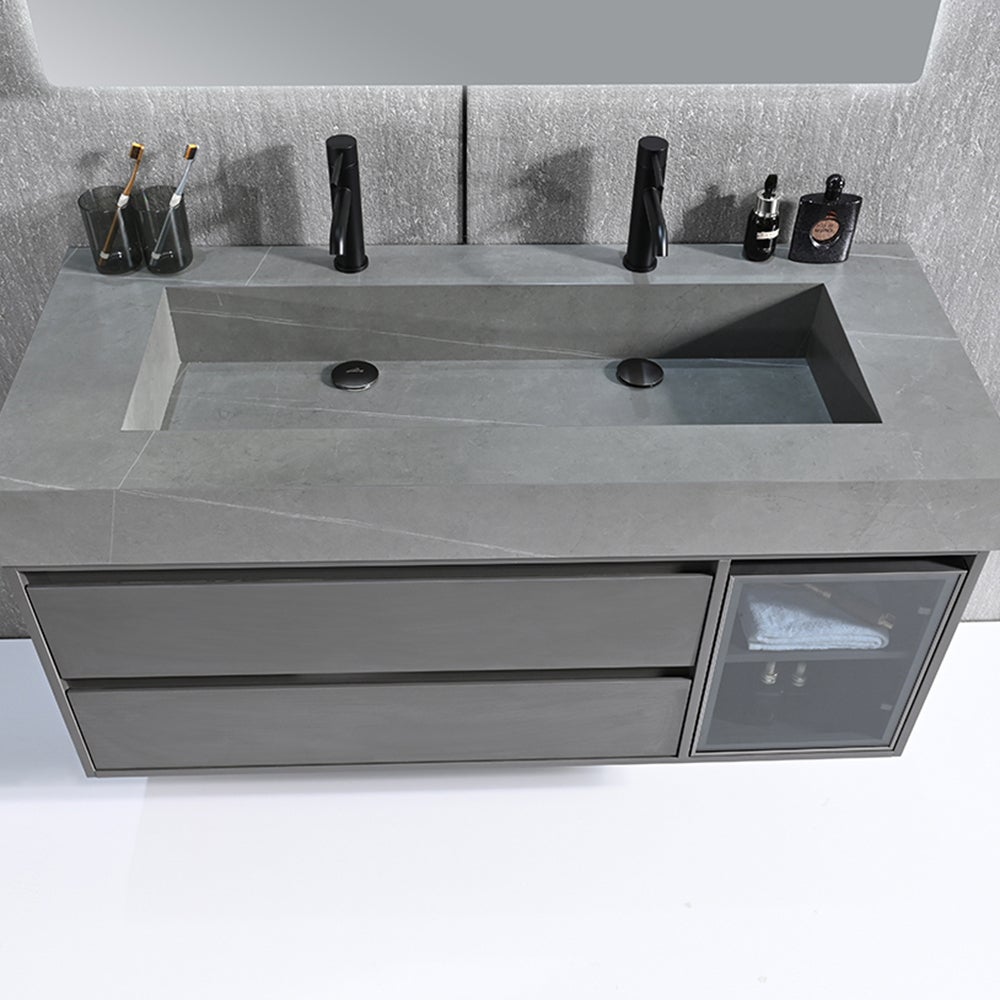 Meuble salle de bain double vasque 120cm gris et effet marbre gris avec miroir LED LB-8512G-120 - 4