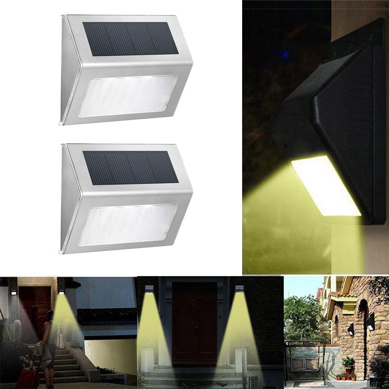 Zestaw 2 trójkątnych zewnętrznych lamp solarnych ściennych, oświetlenie dekoracyjne, stal nierdzewna [3 diody LED, ciepłe światło]