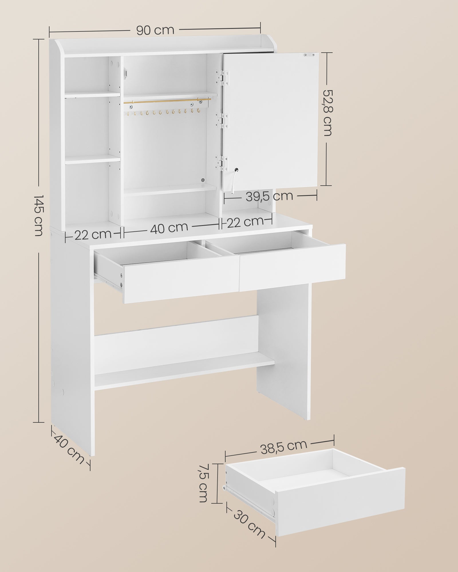Coiffeuse avec Miroir LED, 3 Couleurs, 2 Tiroirs, Style Moderne, 90 x 40 x 144,7 cm, Étagère de Rangement, Blanc - 5