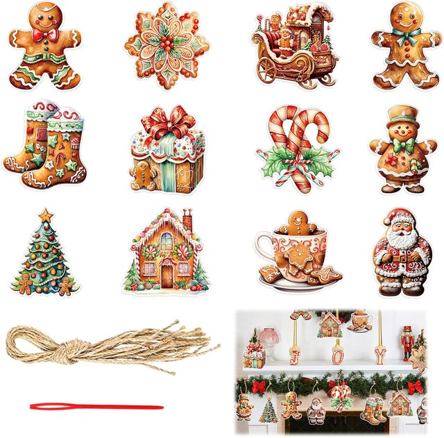 Zestaw 24 dekoracyjnych zawieszek świątecznych, ozdoby świąteczne, choinka, piernikowy ludzik, rękodzieło, scrapbooking, c