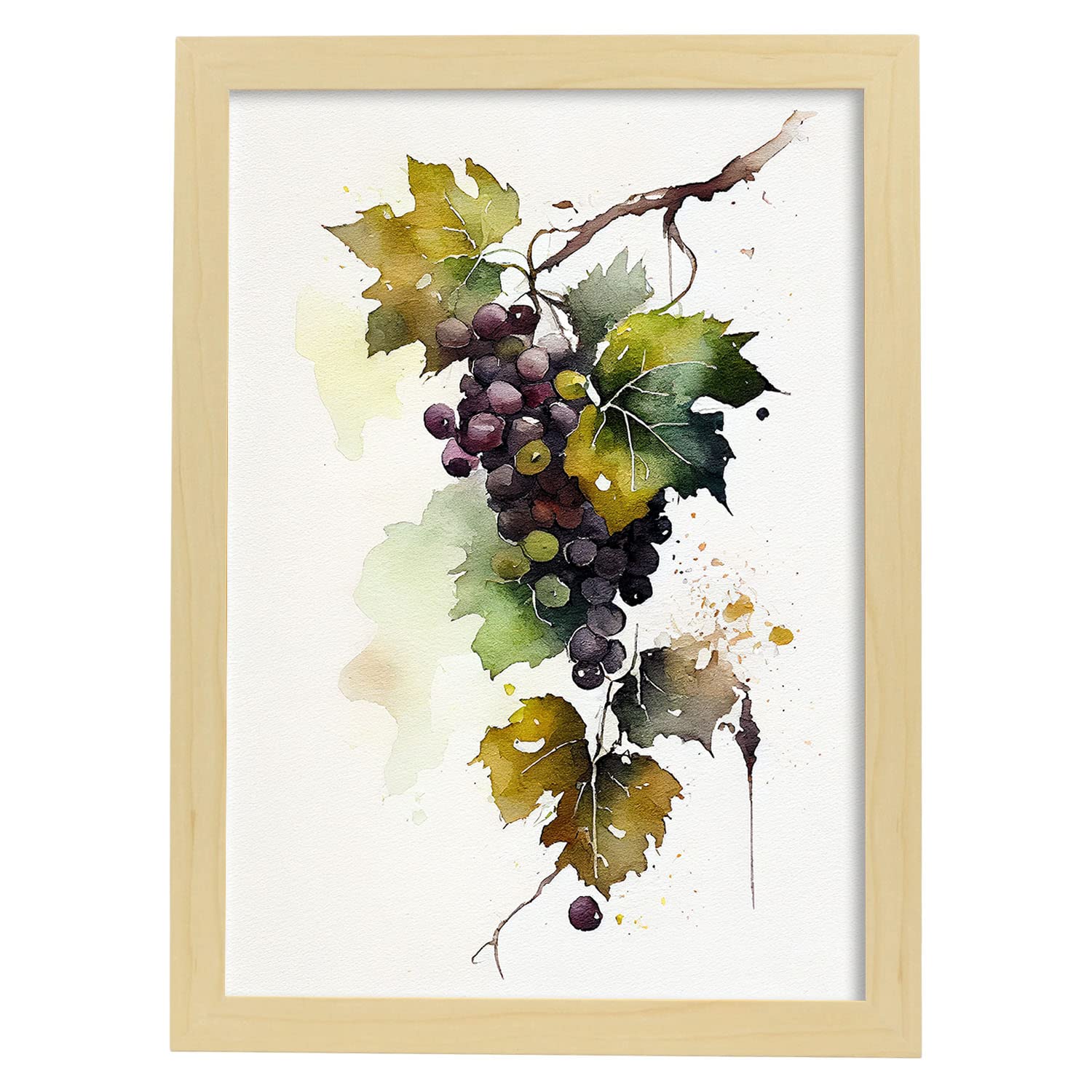 Nacnic poster de uvas a todo color ilustraciones de frutas verduras y comida sana en estilo acuarela y modelo 2 a3 con marco de madera clara