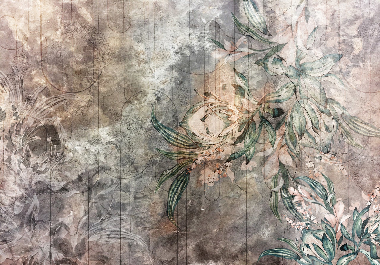 Papel pintado fotografia panorámica hojas hormigón vintage 416x254 cm - incluye cola - moderno salon dormitorio papel no tejido