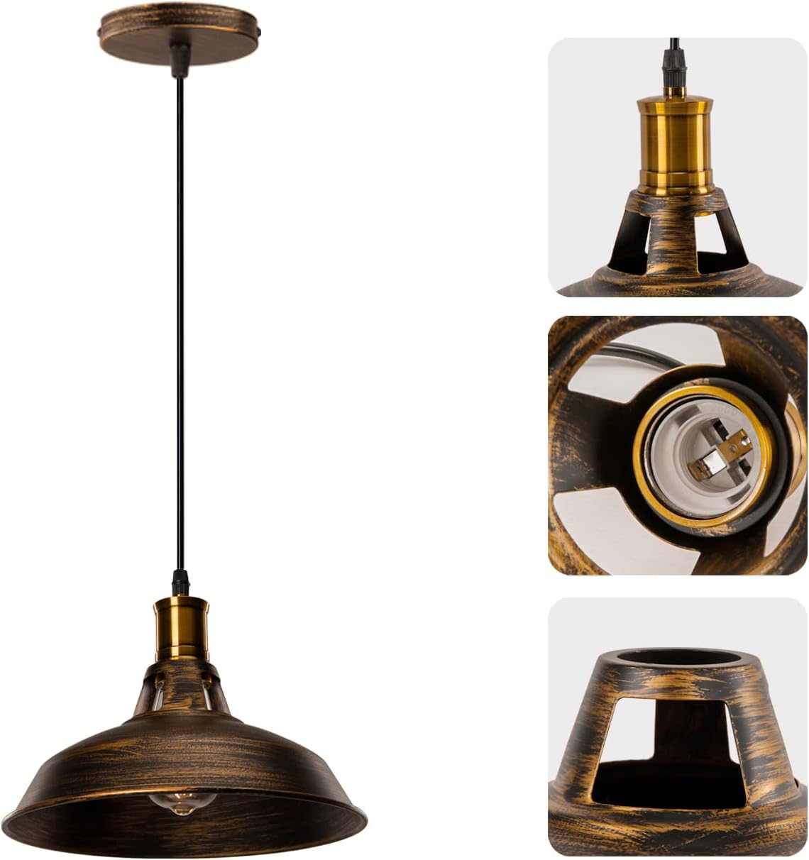 Lustre Suspension Industrielle Vintage E27 LED Lampe Plafonniers Retro Abat-jour pour Cuisine Salle à manger Salon Chambre Restaurant, Laiton - 2