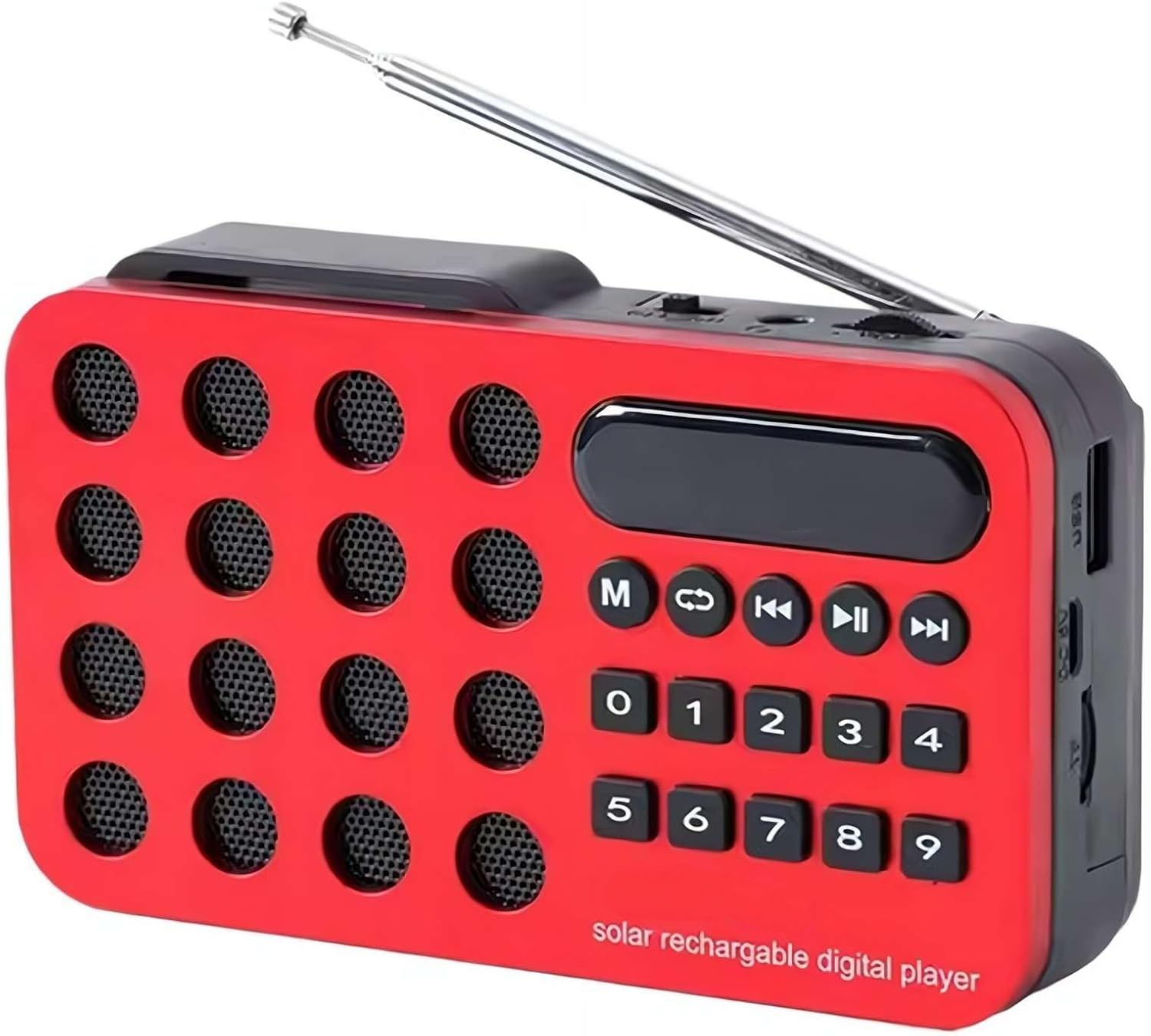 Przenośne radio z głośnikiem, ładowane energią słoneczną, do domu, na kemping, w podróż (czerwone).