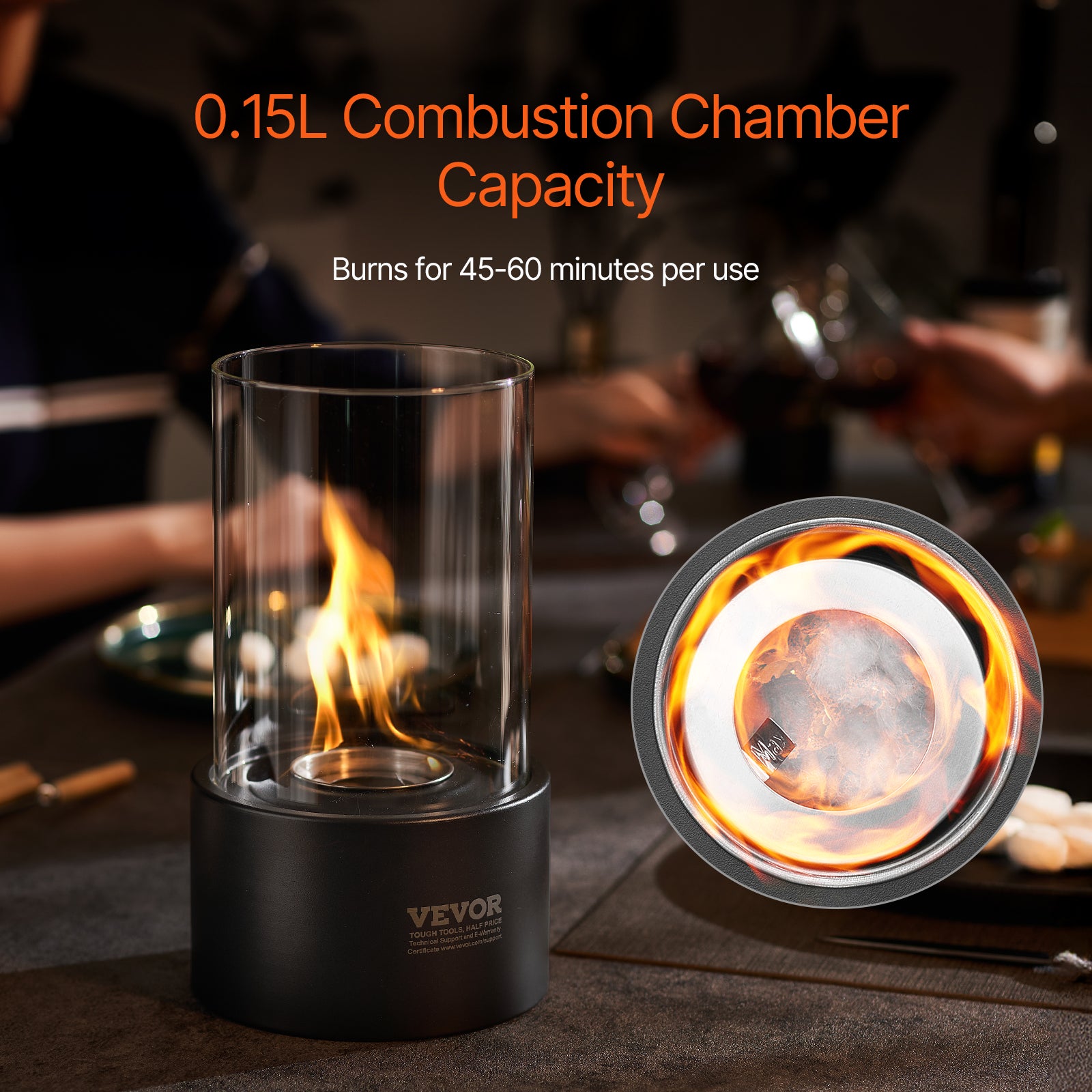 Fogón de Mesa VEVOR Ø160 × 285 mm, Brasero Decorativo de Metal, Chimenea de Bioetanol Portátil con Vidrio y Tapa, para Terraza y Balcón - 3
