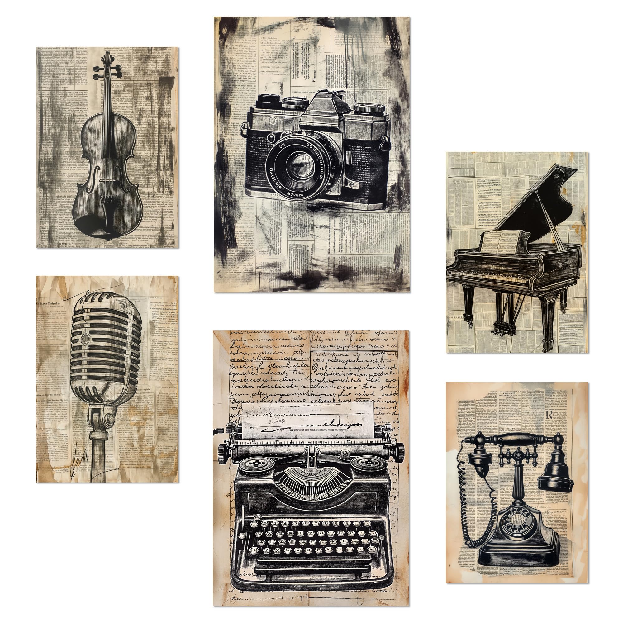 Set de 6 vintage love. camera, micro, piano, violin, telephone pósters con ilustración de diseño para decorar habitaciones a3 y a4 sin marco
