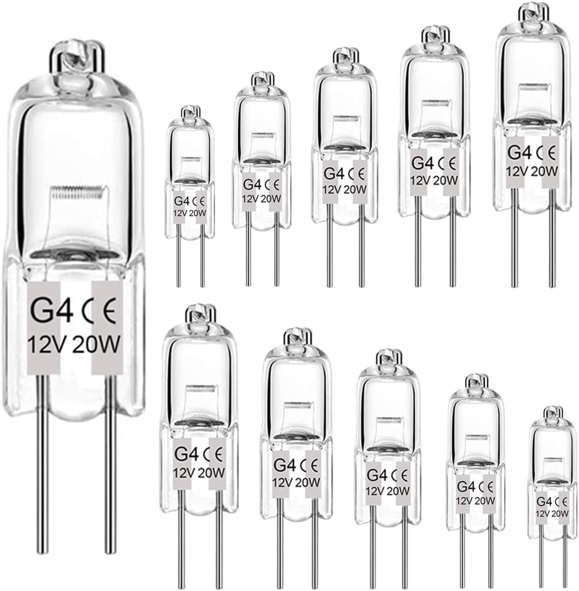 Zestaw 10 żarówek halogenowych G4 12 V 20 W, przezroczyste kapsułki z 2 pinami, ciepłe białe światło.