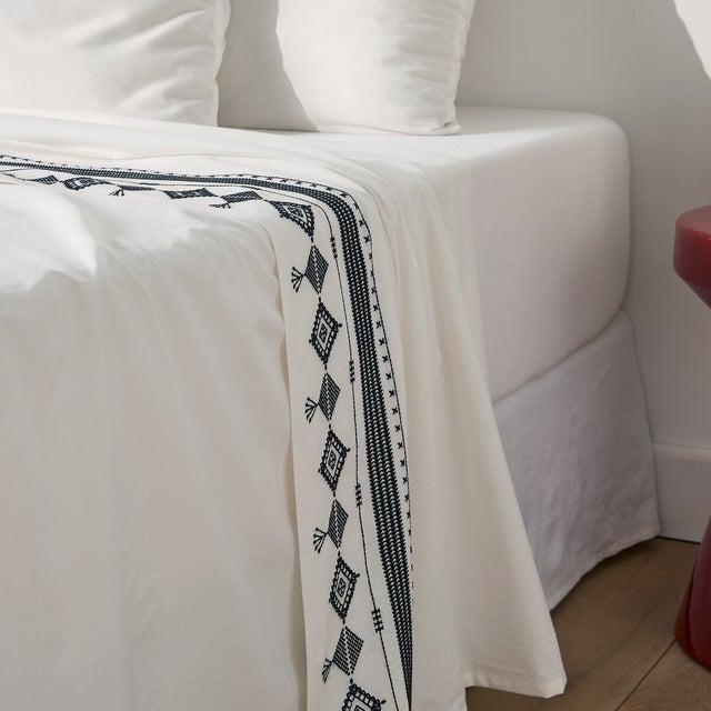 Drap plat en coton lavé, Ifrane - Blanc/noir - 180 x 290 cm