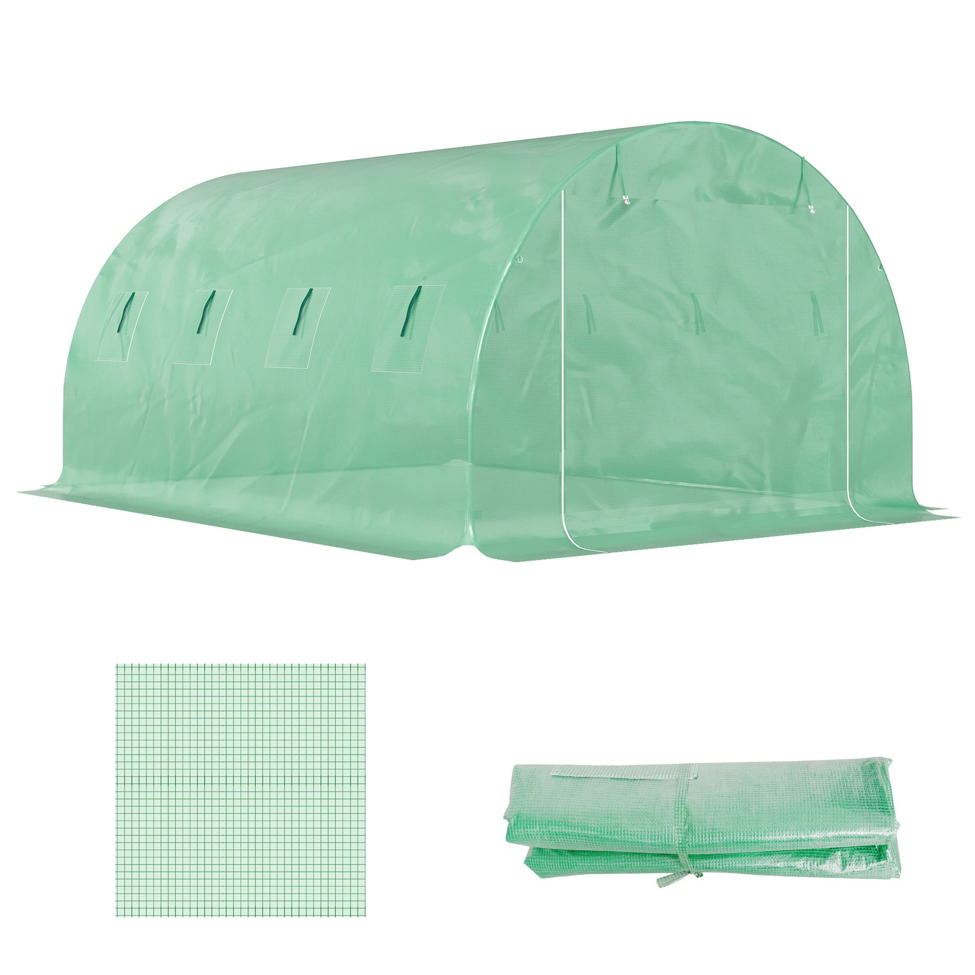 Bâche de rechange serre tunnel 12 m² 4 x 3 x 2 m PE anti-UV imperméable 8 fenêtres + porte enroulable zippée vert - 2