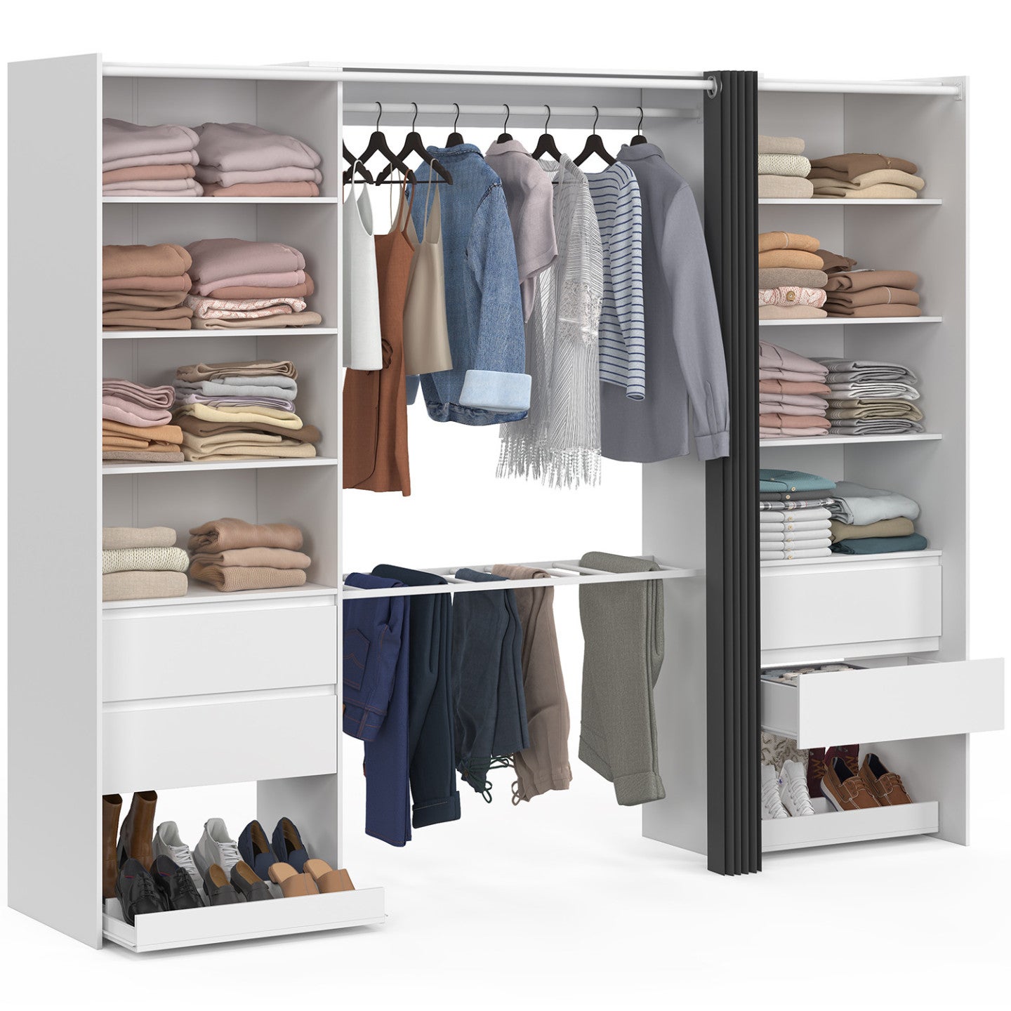 Dressing double XXL MERYL 220 cm avec porte pantalons + étagères + tiroirs + rangements à chaussures blanc et gris - 2