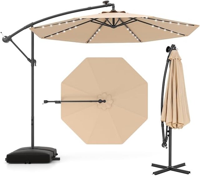 Guarda-sol inclinável 3,5x3,5 m, guarda-sol de jardim exterior luminoso solar com 2 sacos de areia, proteção UV