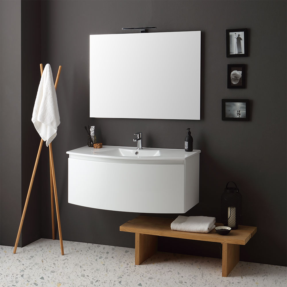 MUEBLE DE BAÑO CURVO COLGANTE CM102 BLANCO LAVABO Y ESPEJO | RIVA ...