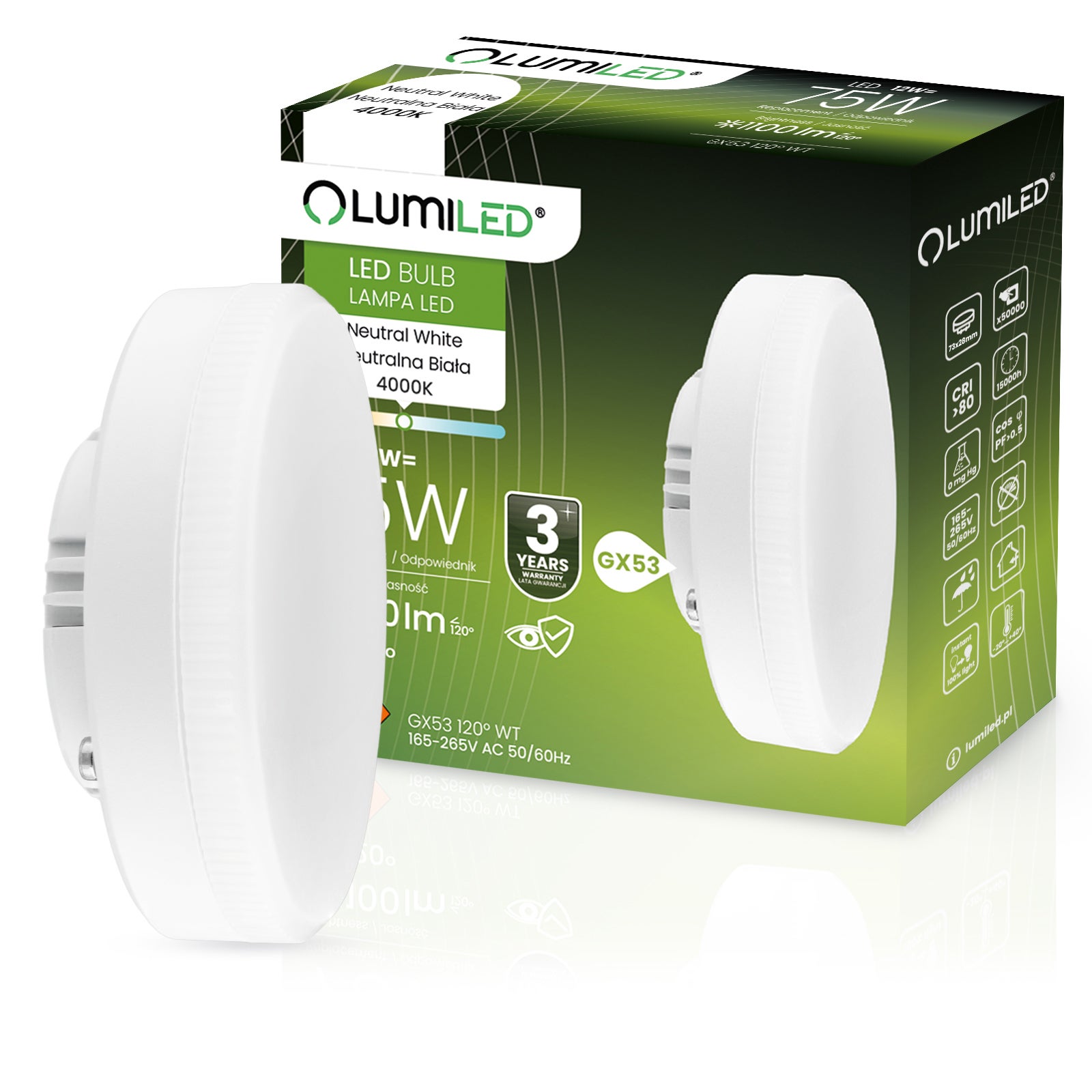 Żarówka LED Lumiled GX53 Reflektor 12W 1100lm 4000K Neutralna biel 120st 1 szt.